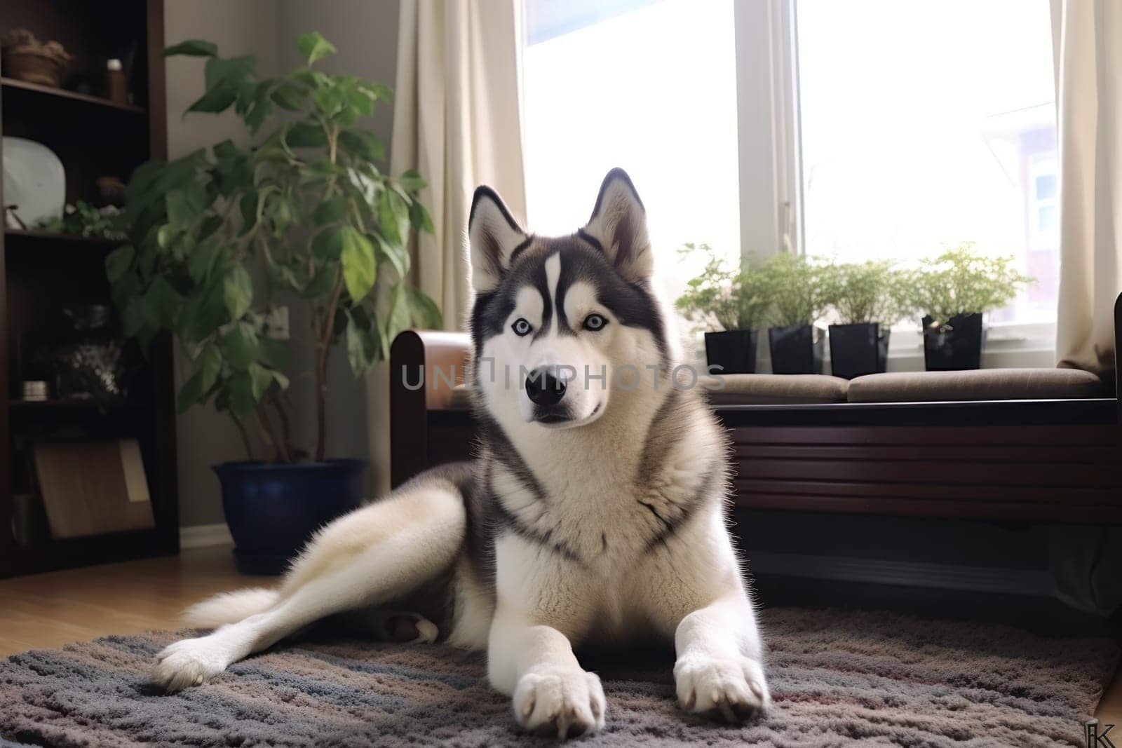 Husky sitting in a home living room Generative AI by nijieimu