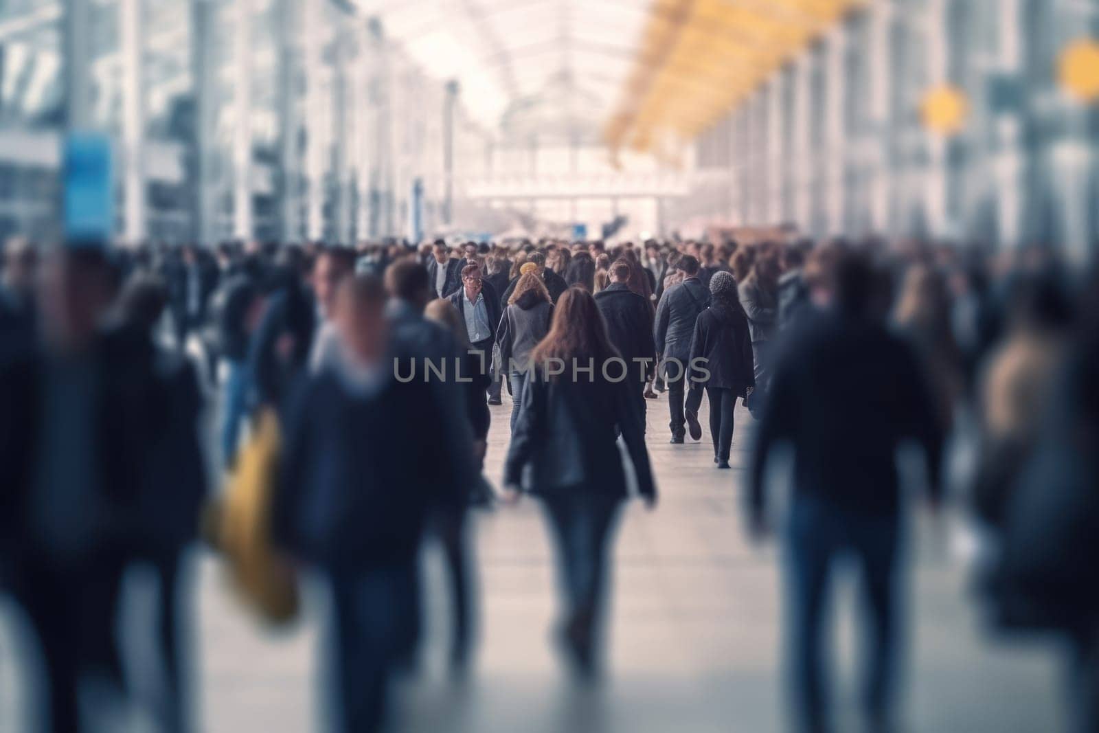 Abstract motion blur image of business people crowd walking Generative AI.
