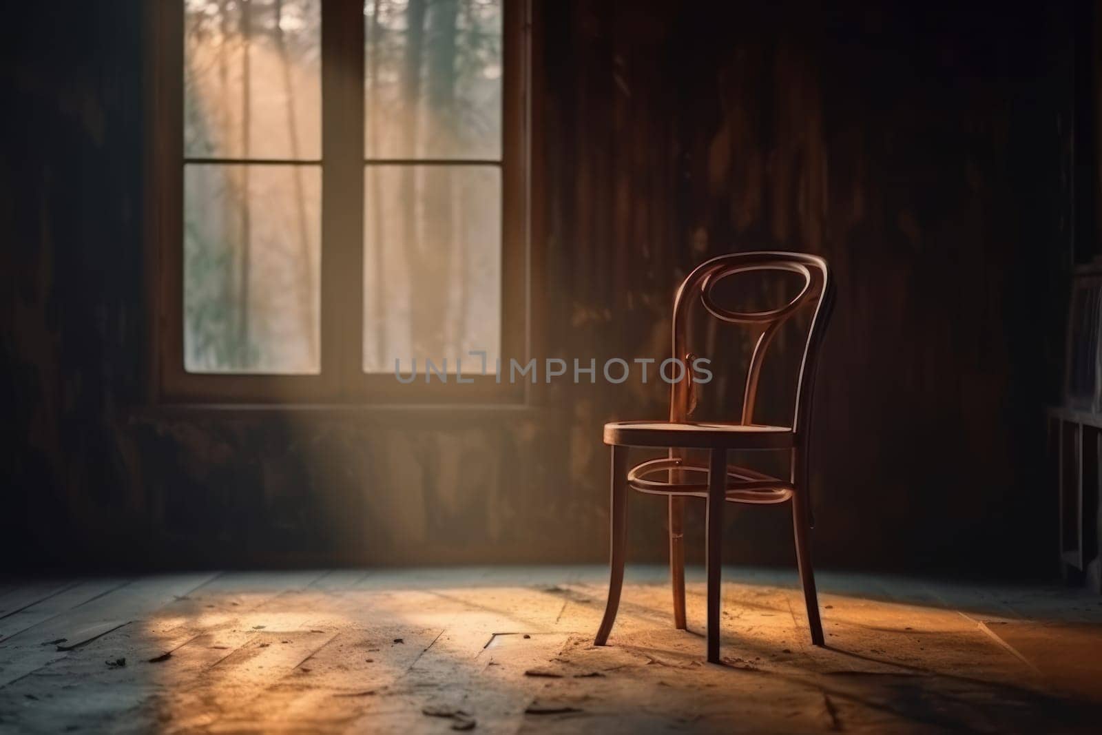Old vintage stylish wood chair into abandoned room Generative AI.
