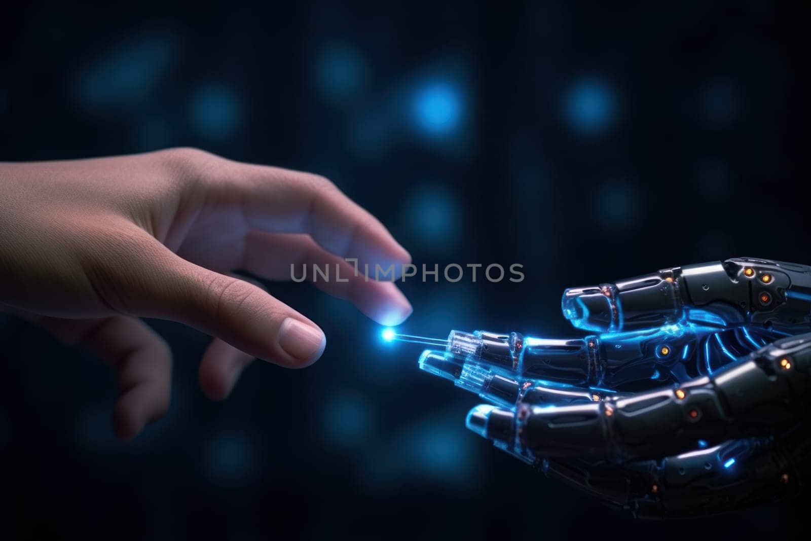 Artificial intelligence robot finger touching to human finger Generative AI.