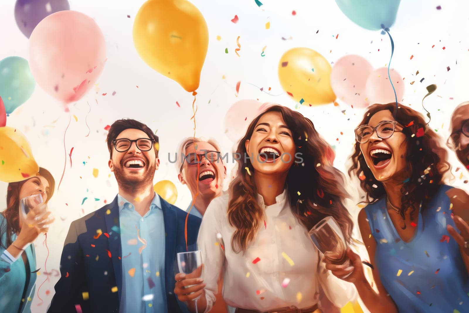 Group of successful happy business people in office celebrating Generative AI.
