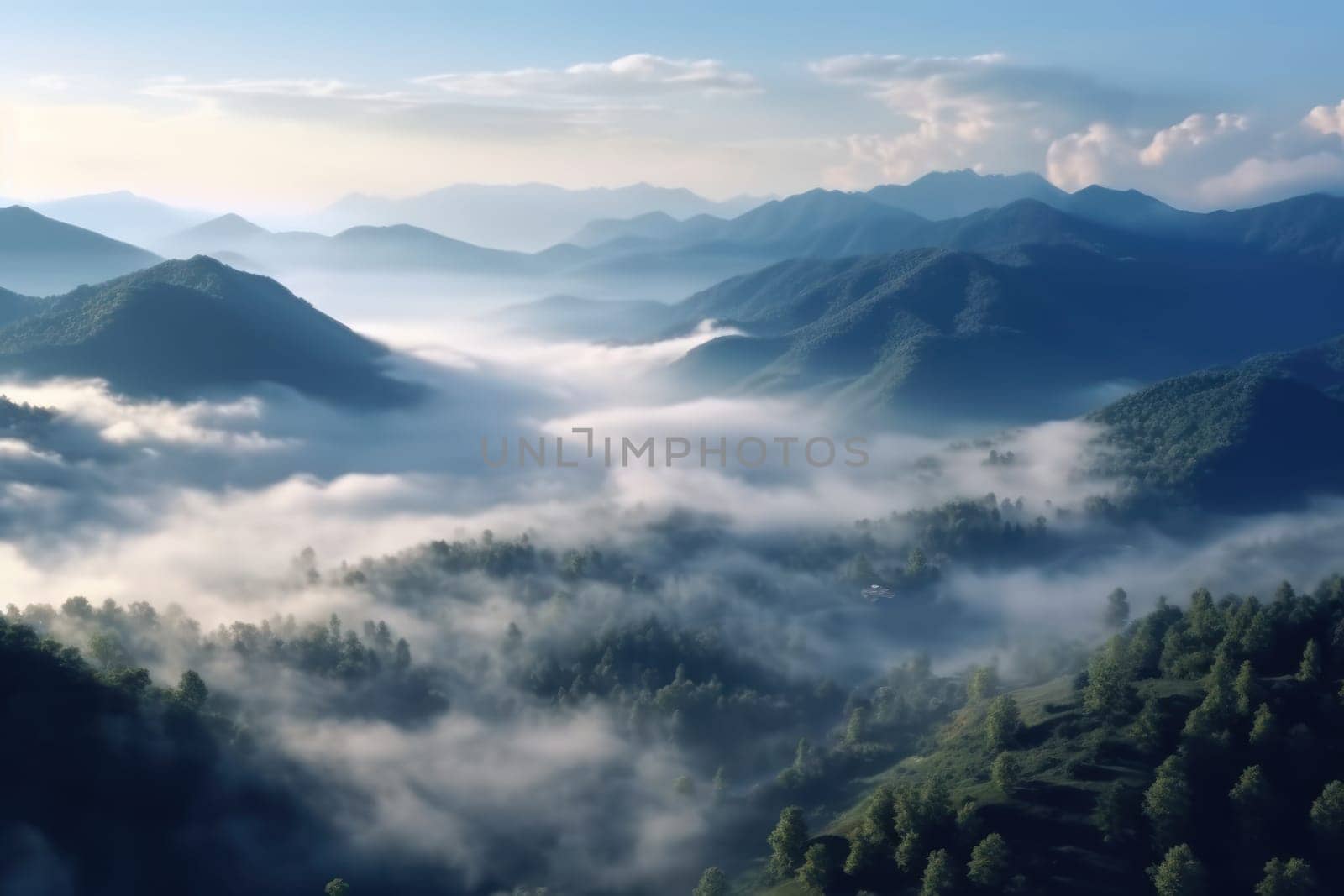 The mountains are covered in a layer of mist and clouds Generative AI.