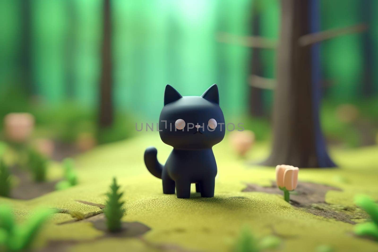 A black cat walking in forest 3D Tiny cute isometric Generative AI.