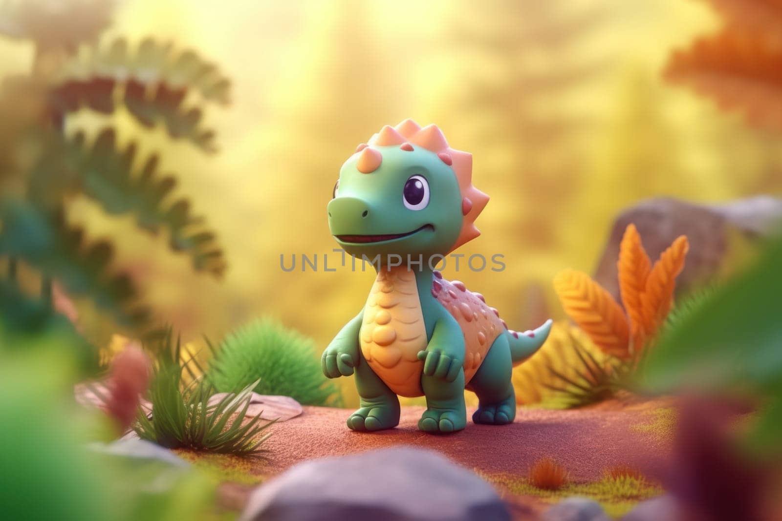 A dinosaur walking in forest 3D Tiny cute isometric Generative AI.