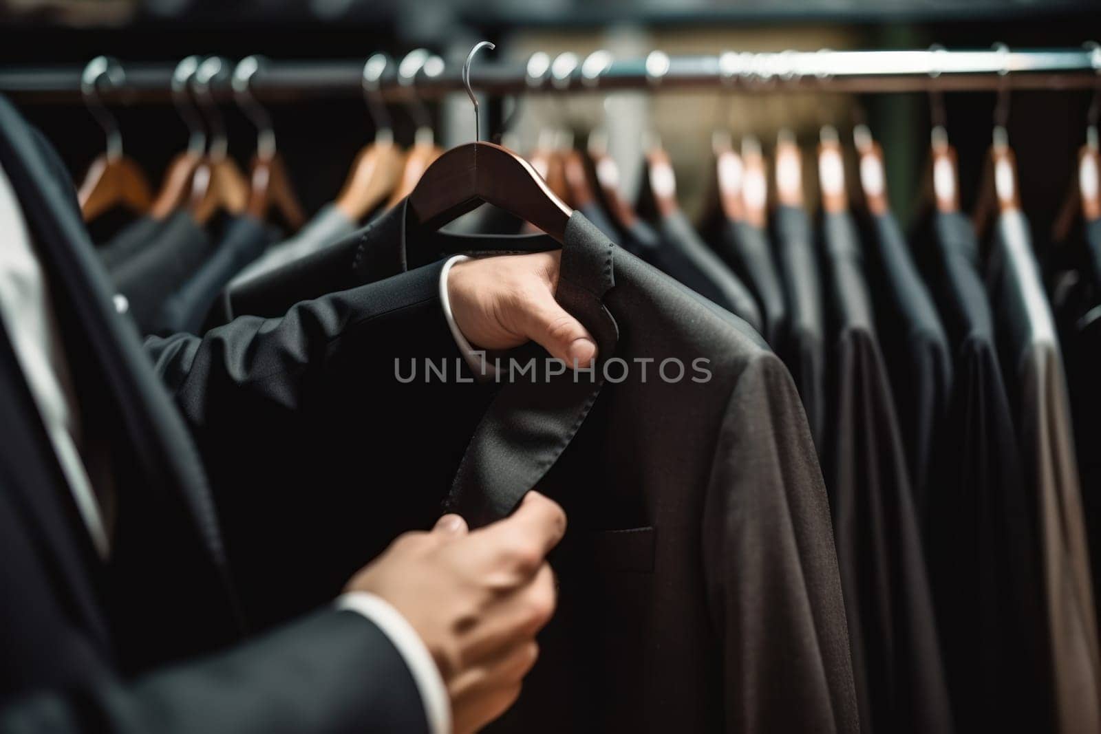 Close-up of Male Hands Plucked Hanger Choosing Suit in a Suit Store Generative AI.