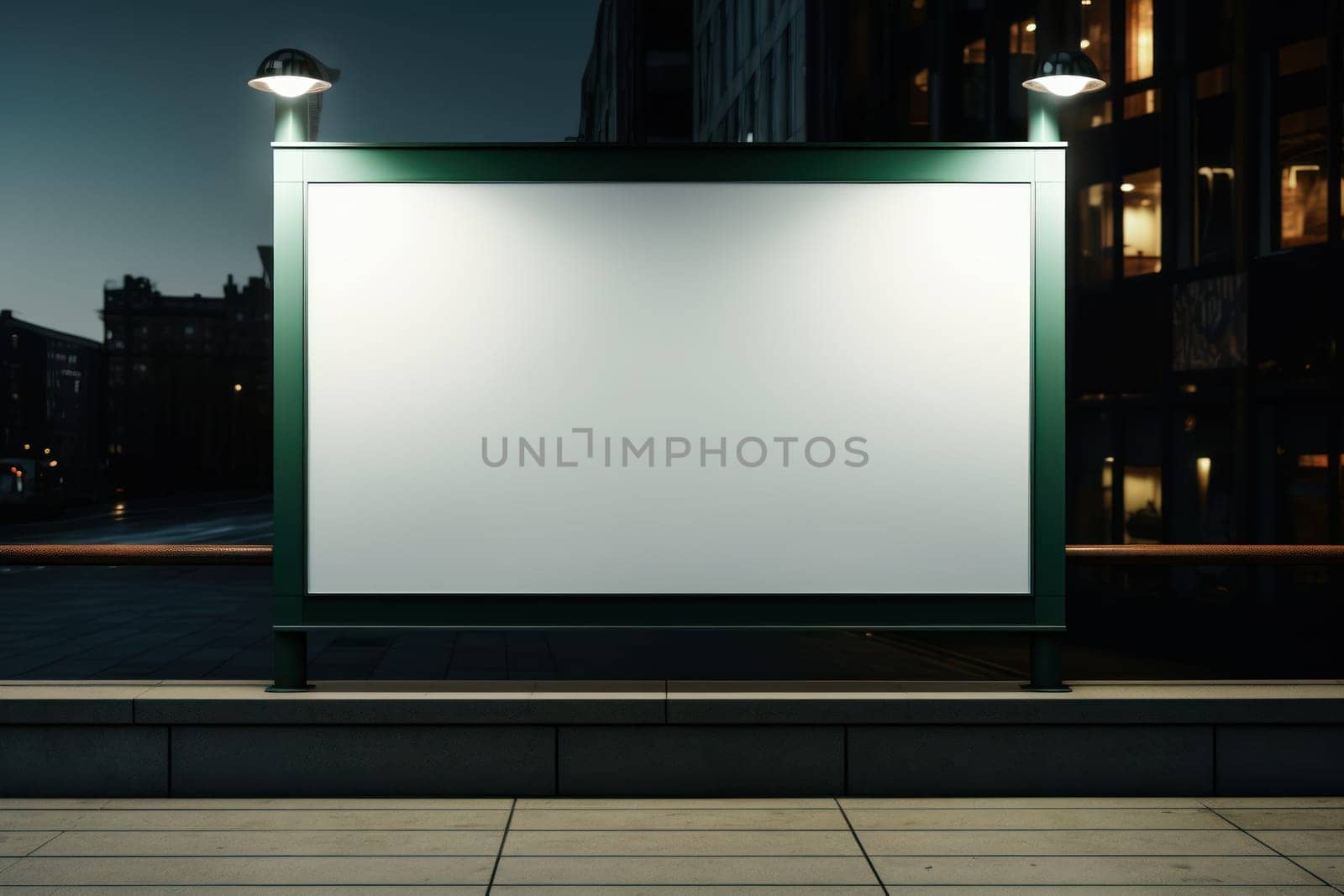 An mock up photo of an empty white sign hanging on a store front Generative AI.