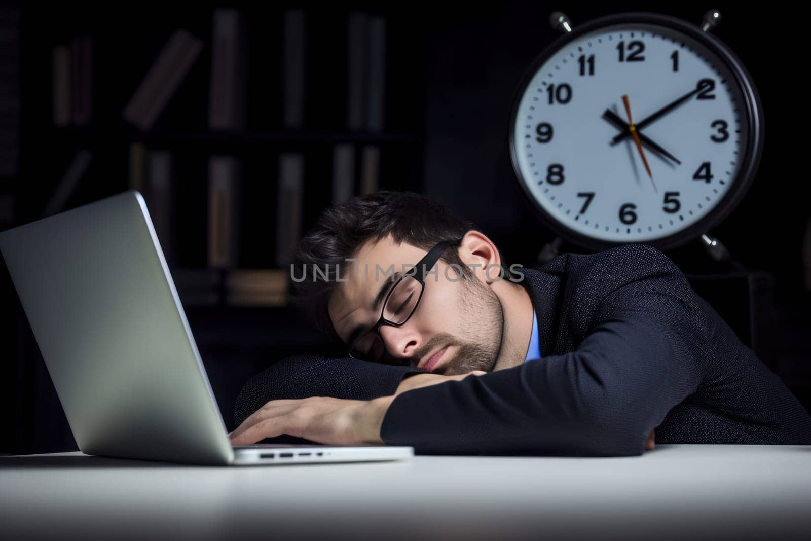 Tired businessman in business suit work overtime and sleep on desk Generative AI.