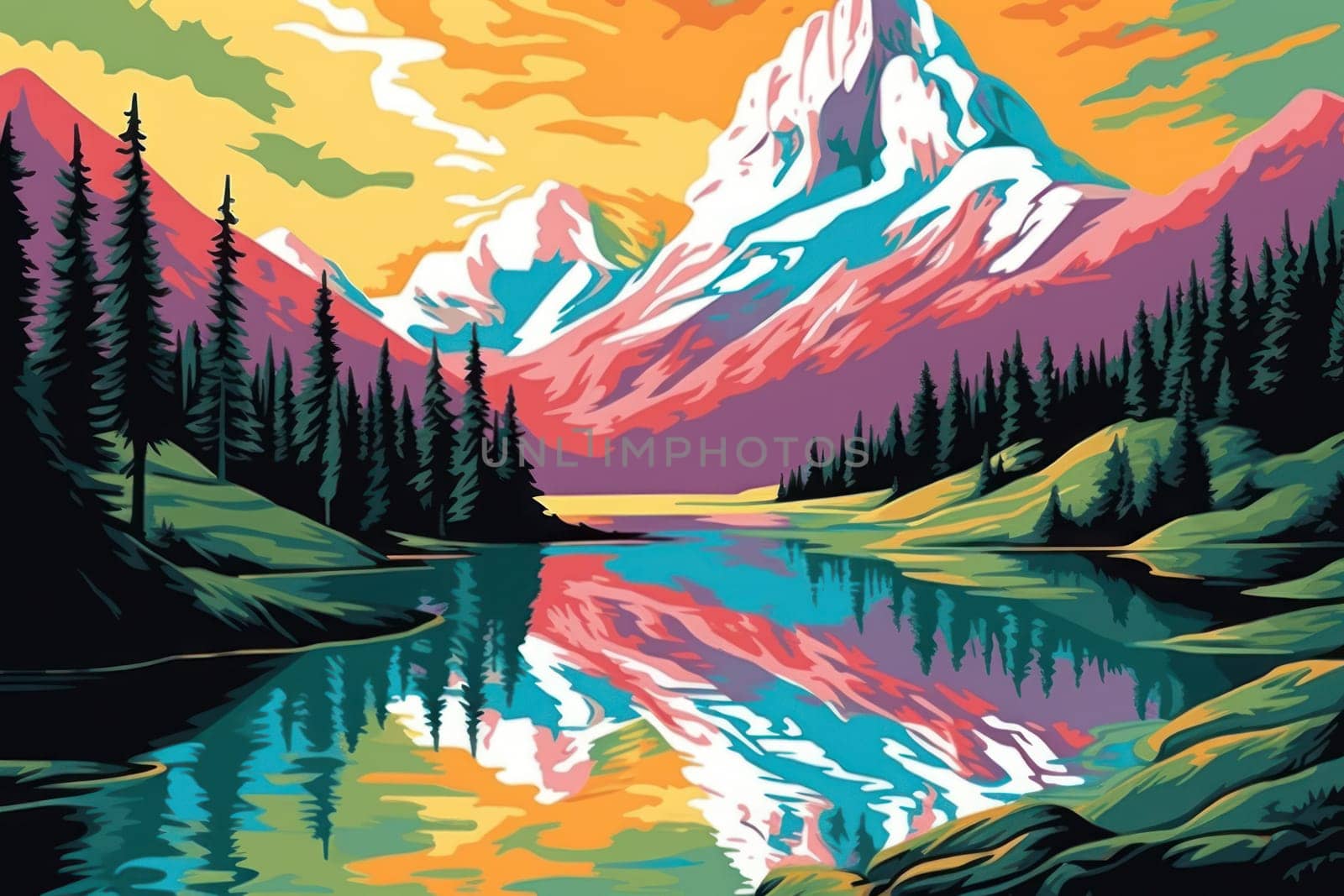 Winter Landscape there are mountains and lakes and sky and tree Digital printing Generative AI.