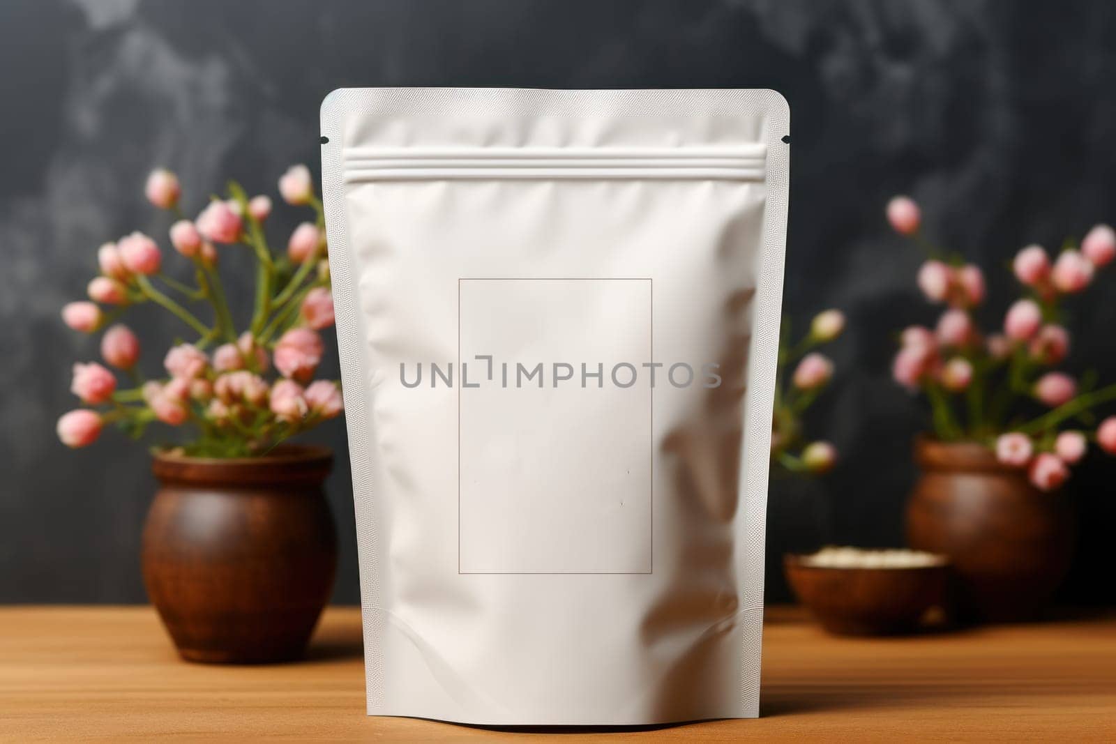 White Blank Coffee bag Pack Mockup Stand Up with pastel natural theme background Generative AI.