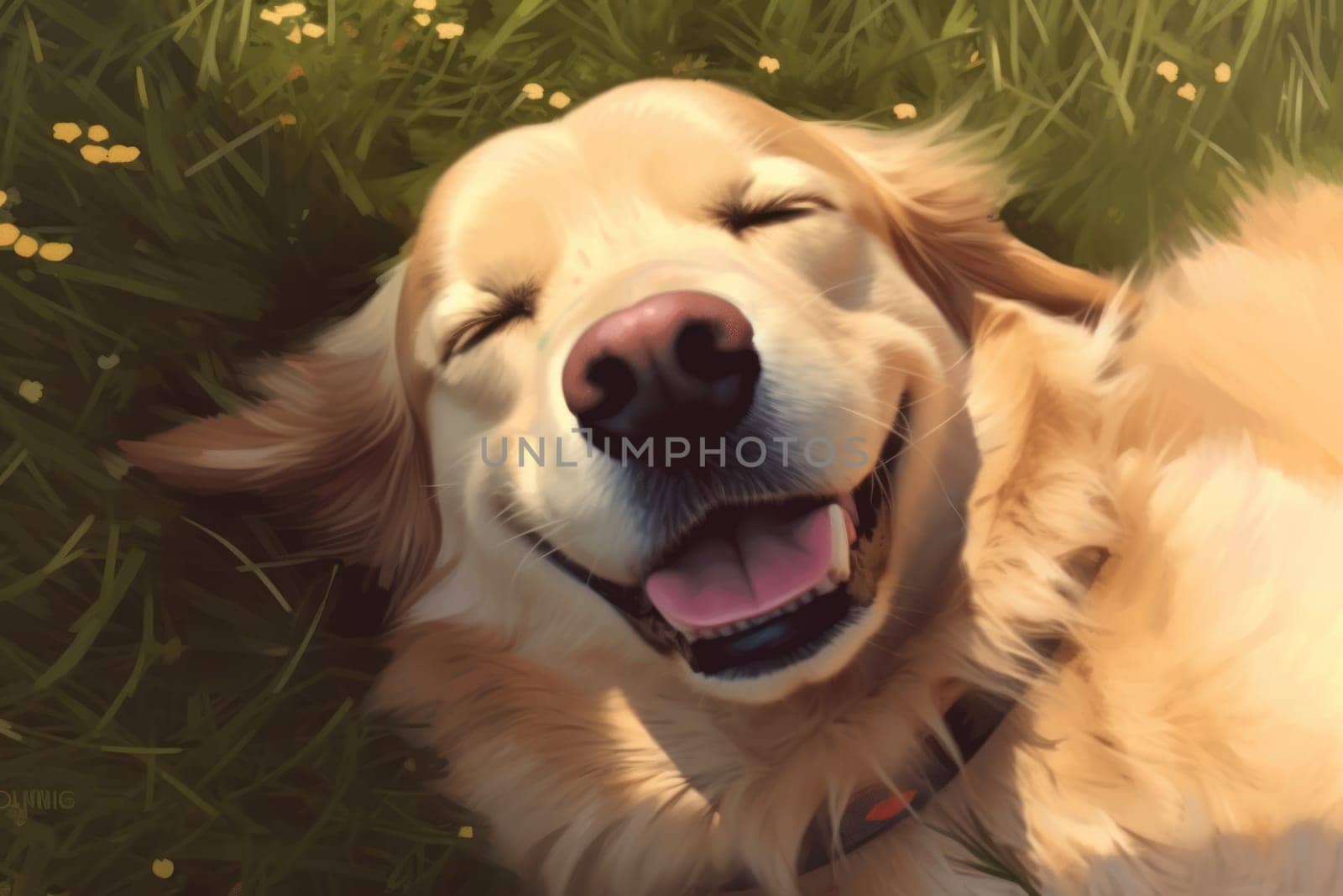 Cute golden retriever sleeping in grass upward facing the camera Generative AI.