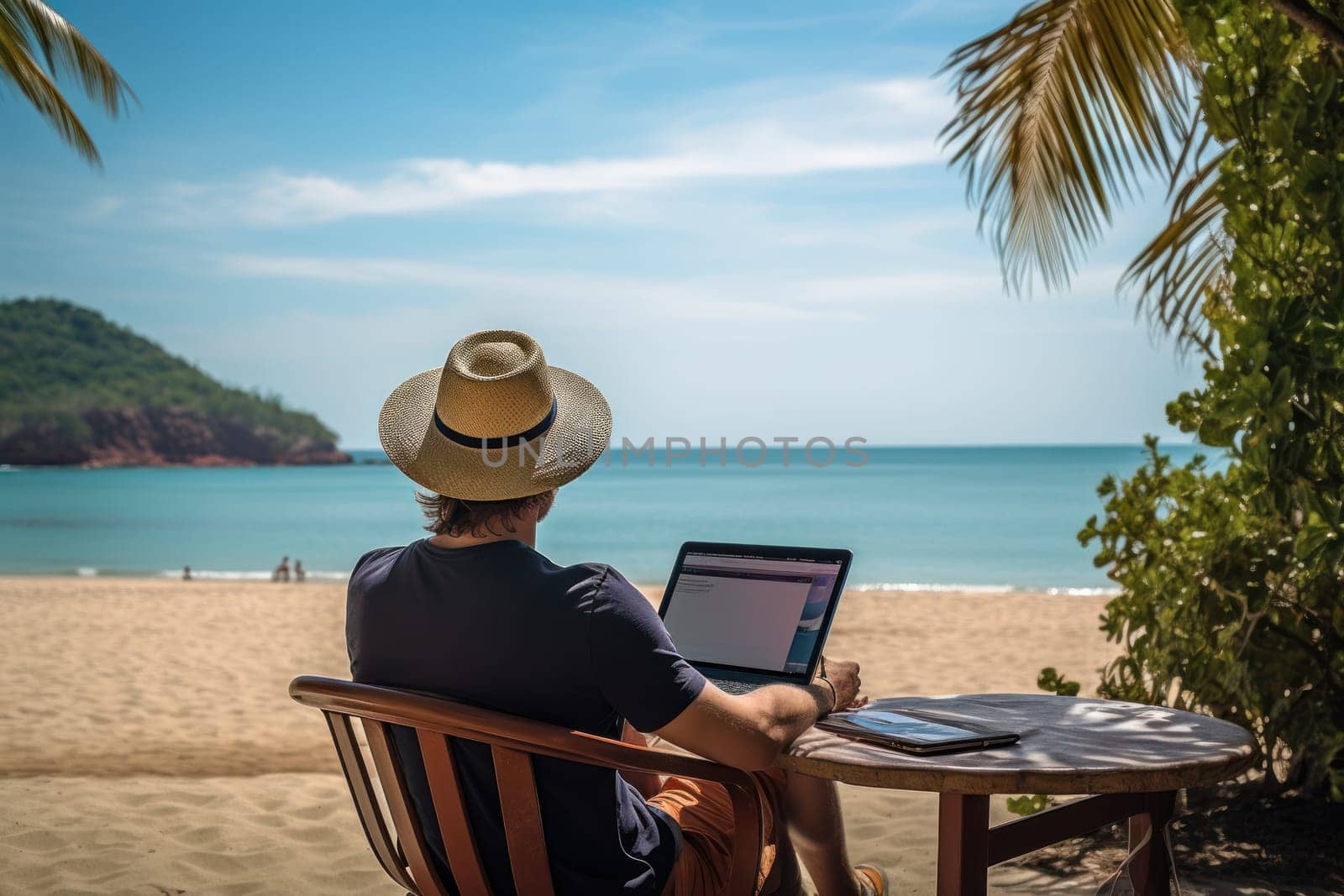 Digital nomad working and enjoying the beach Generative AI by nijieimu