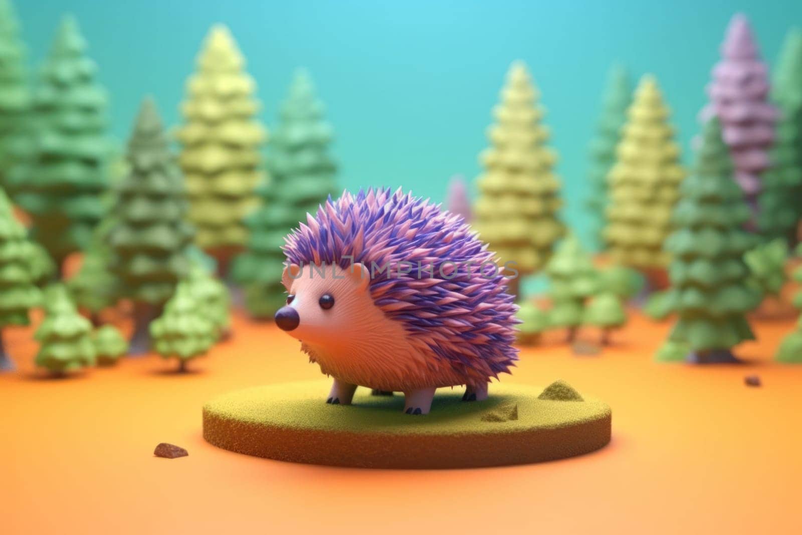 A hedgehog walking in forest 3D Tiny cute isometric Generative AI.