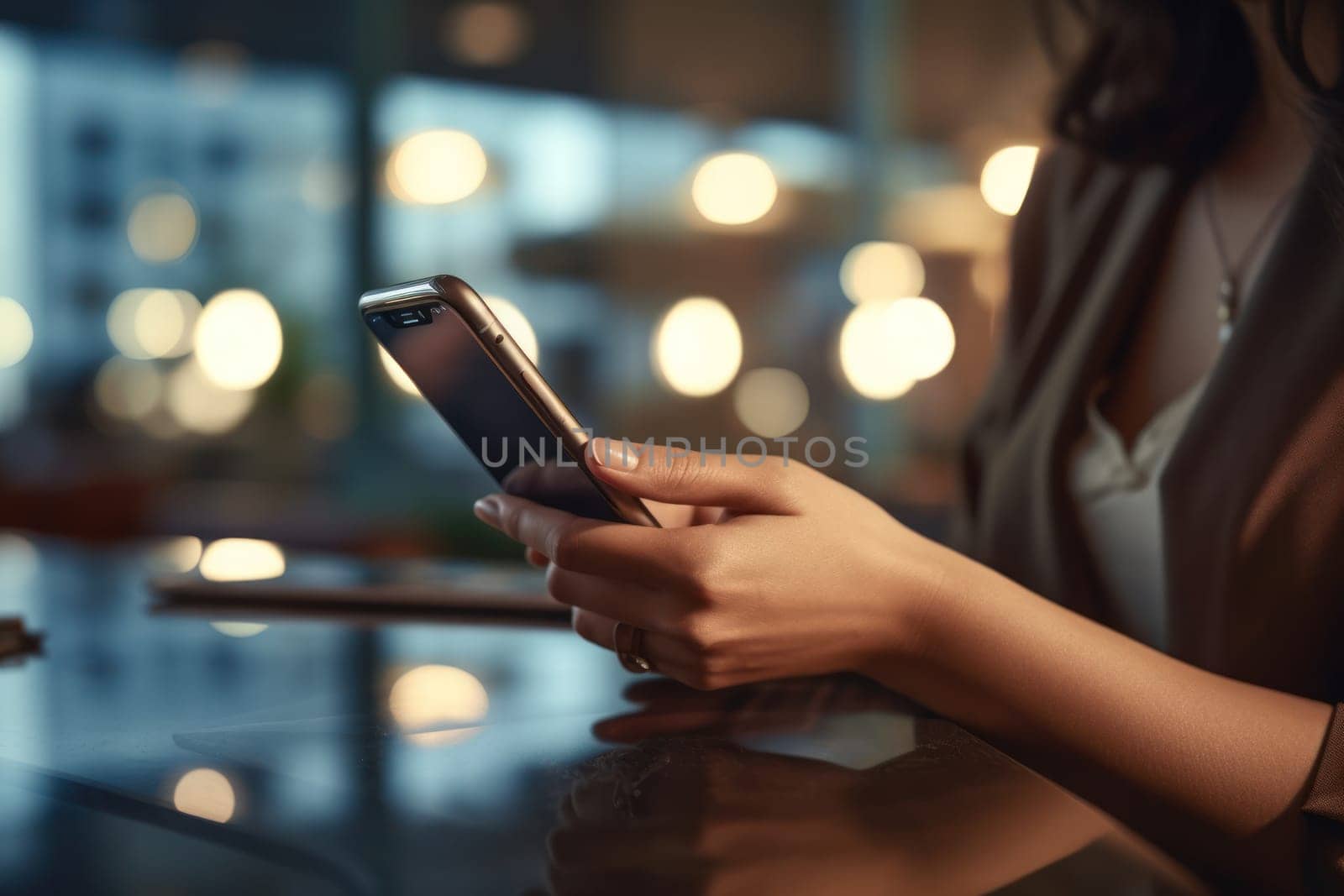 Woman hands viewing social media content on mobile phone Generative AI by nijieimu