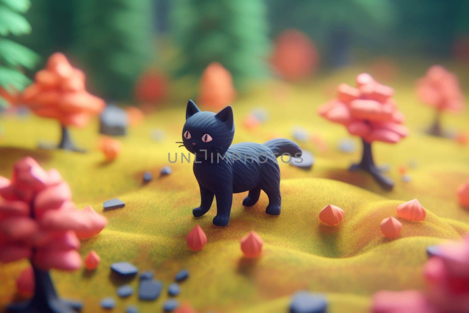 A black cat walking in forest 3D Tiny cute isometric Generative AI.