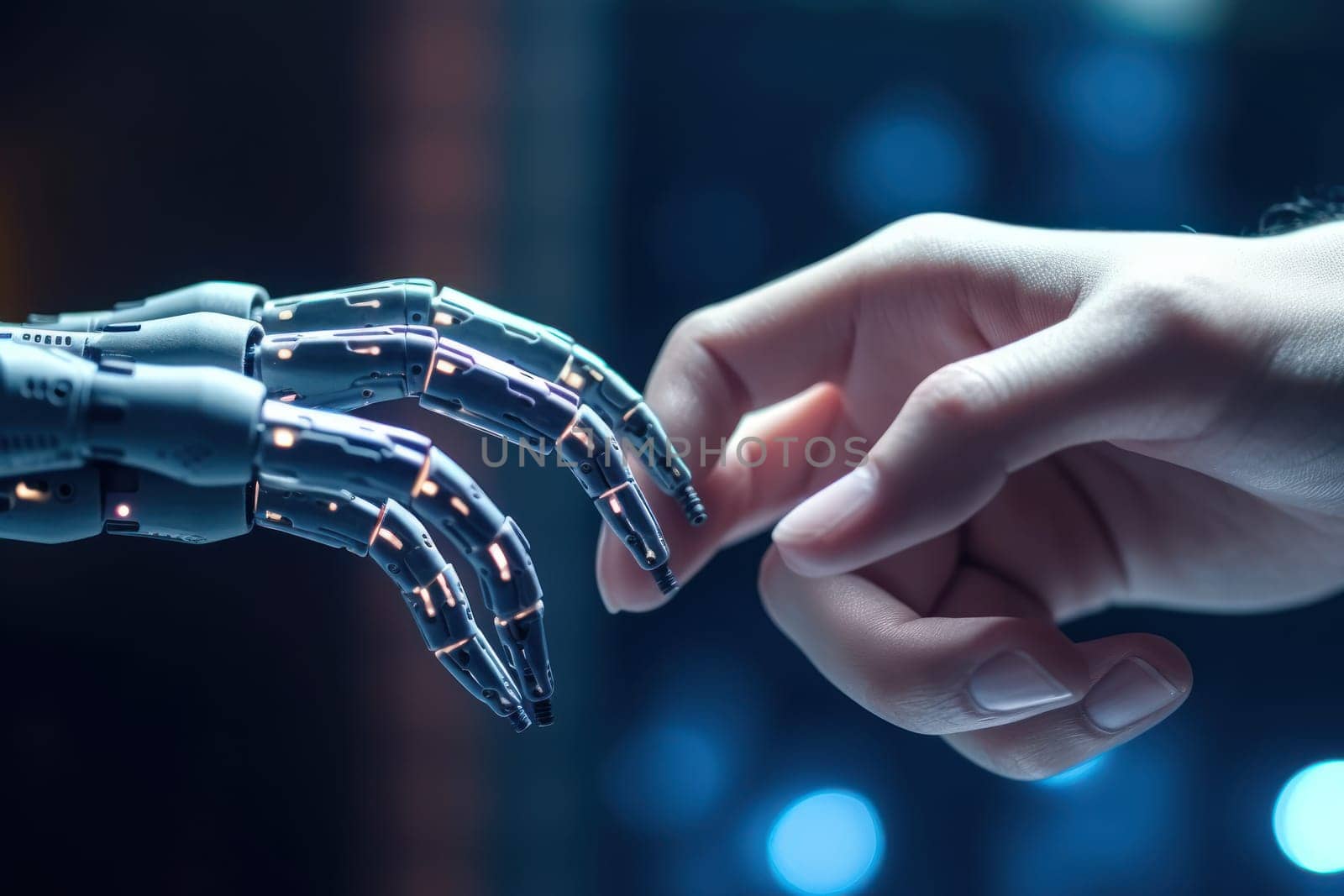 Artificial intelligence robot finger touching to human finger Generative AI.