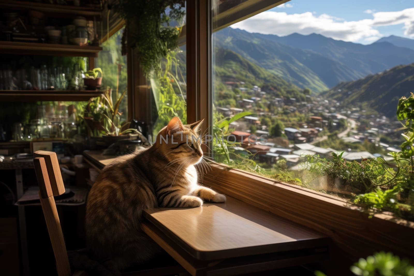 The house is wooden with large windows. View from the windows to the green mountains Generative AI.