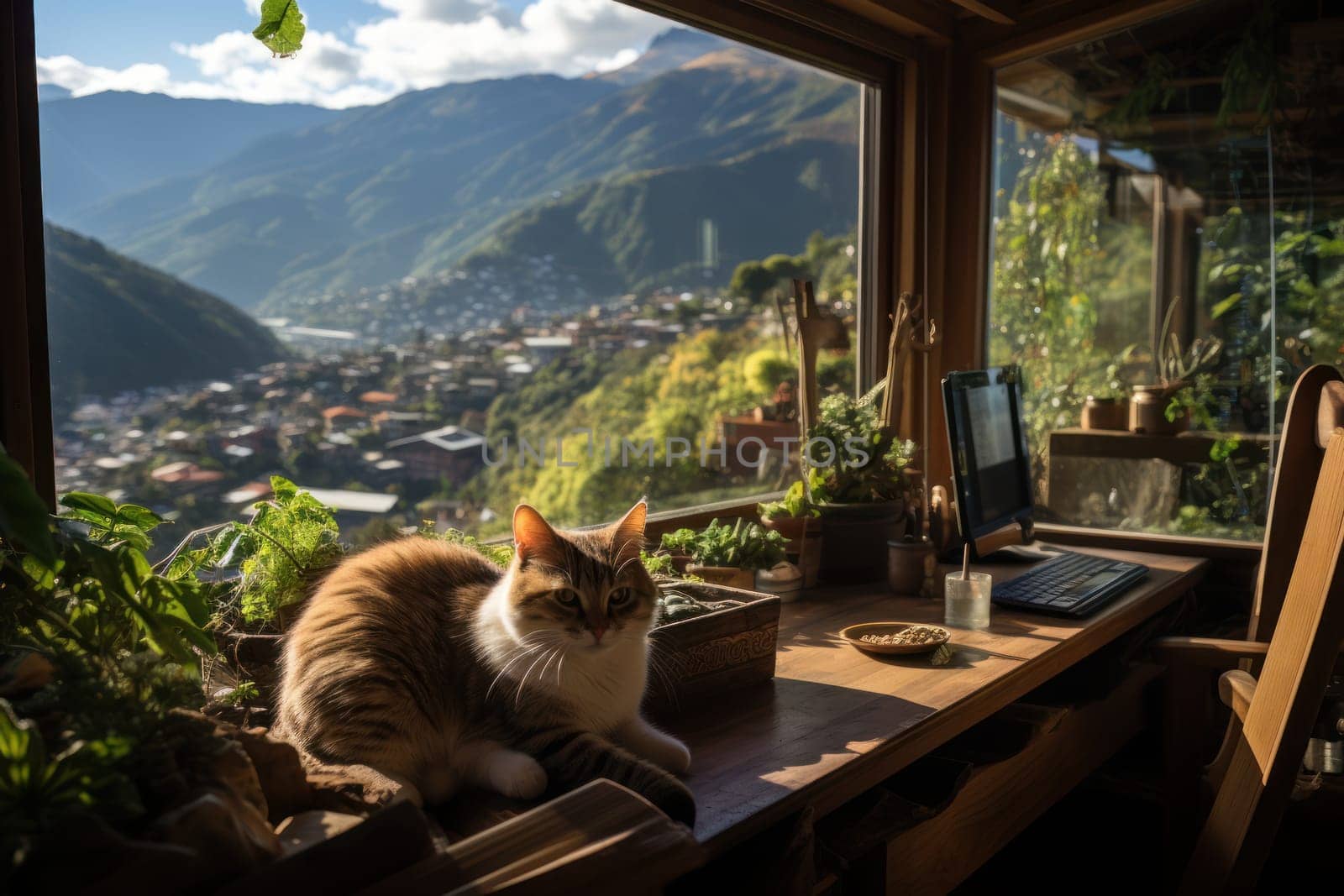 The house is wooden with large windows. View from the windows to the green mountains Generative AI.