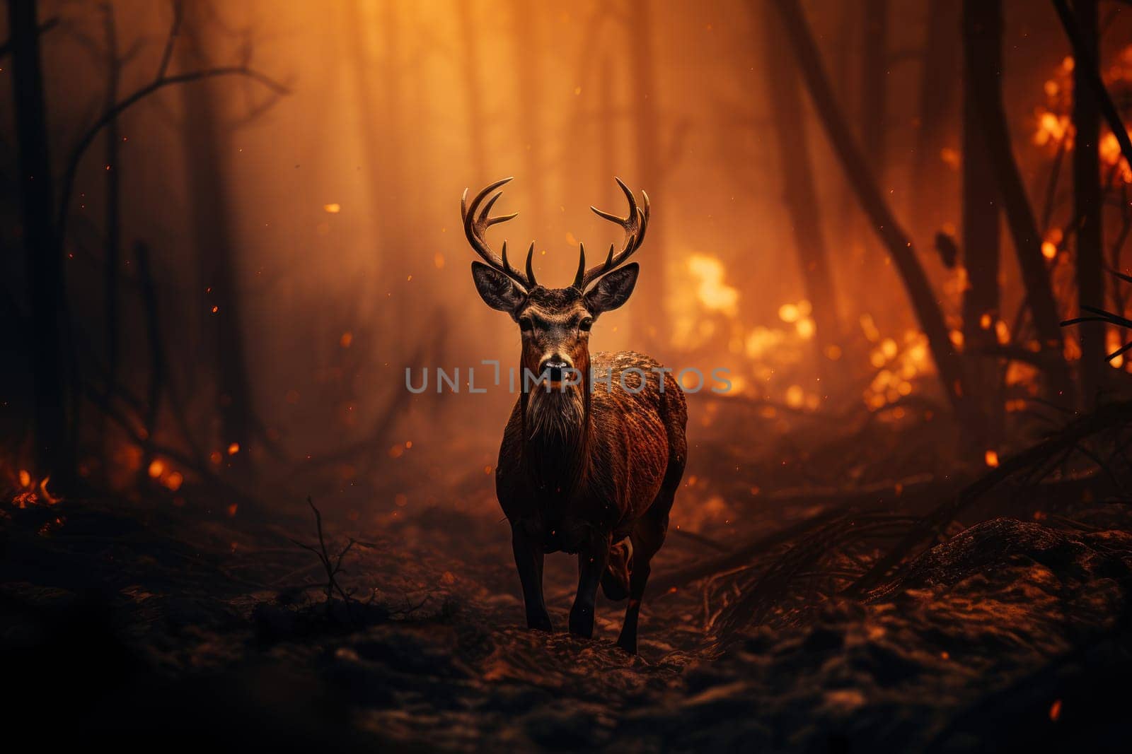 Strong forest fire Scared deer running from burning forest Generative AI.