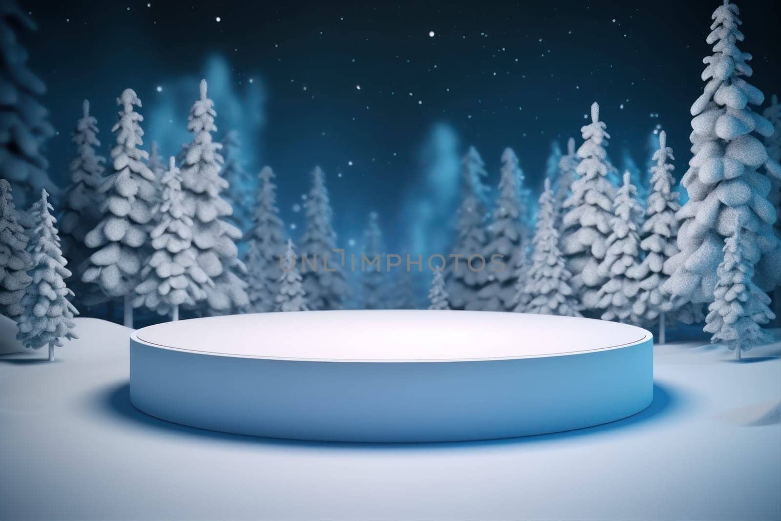 Minimal podium mockup on winter background. Generative AI.