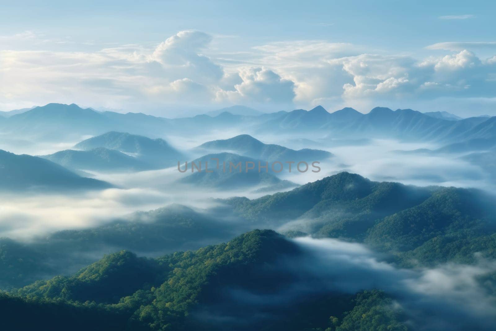 The mountains are covered in a layer of mist and clouds Generative AI.