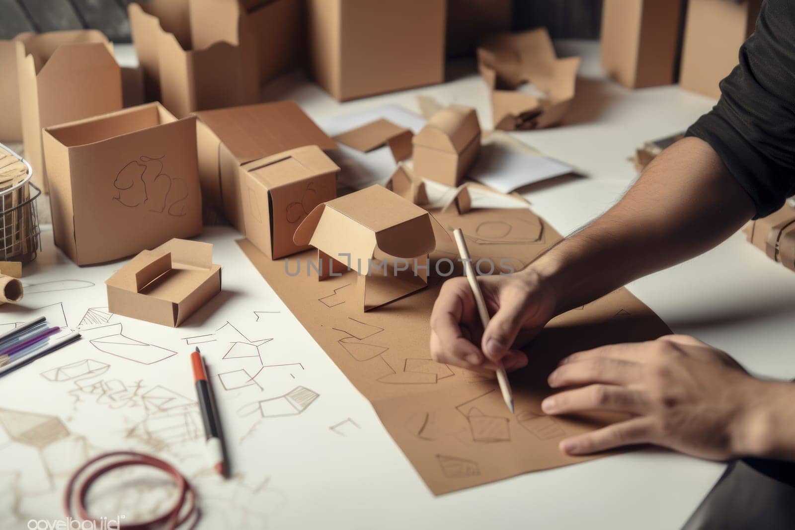 Designer sketching drawing design Brown craft cardboard paper packaging mockup box Generative AI.
