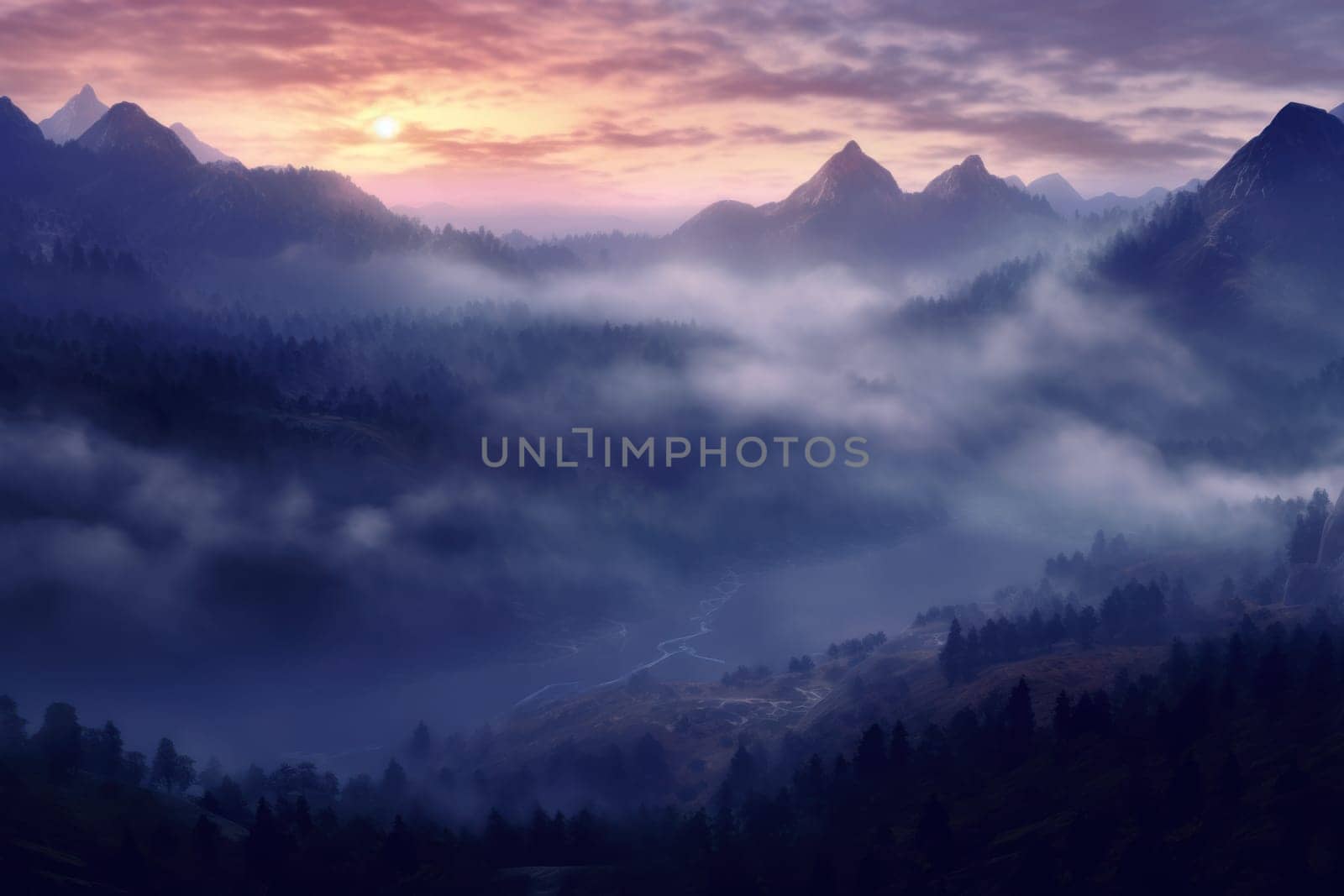 The mountains are covered in a layer of mist and clouds Generative AI.