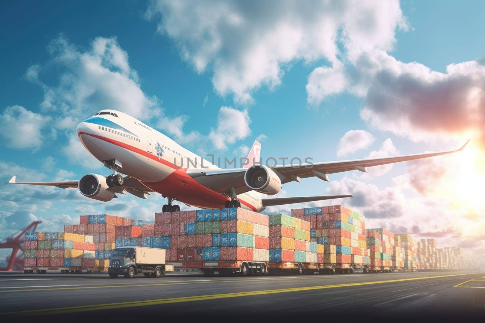 Global business logistics import export concept airplane truck train ship container Generative AI by nijieimu