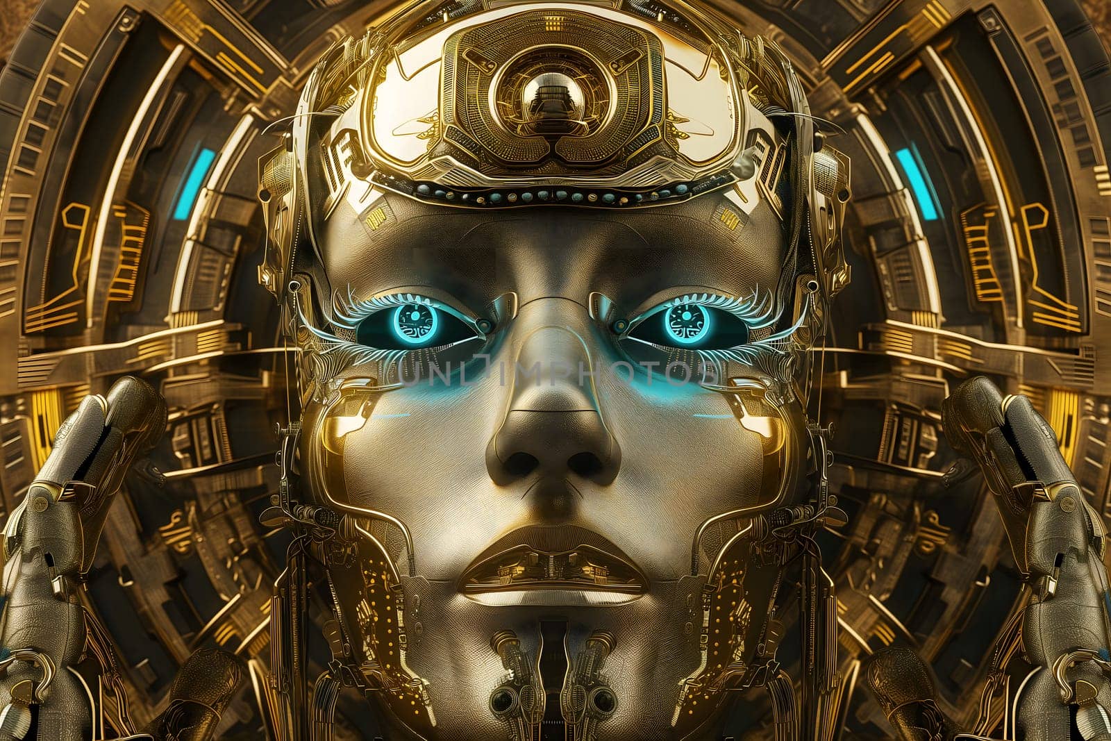 golden cyber humanoid goddess face with glowing blue eyes.