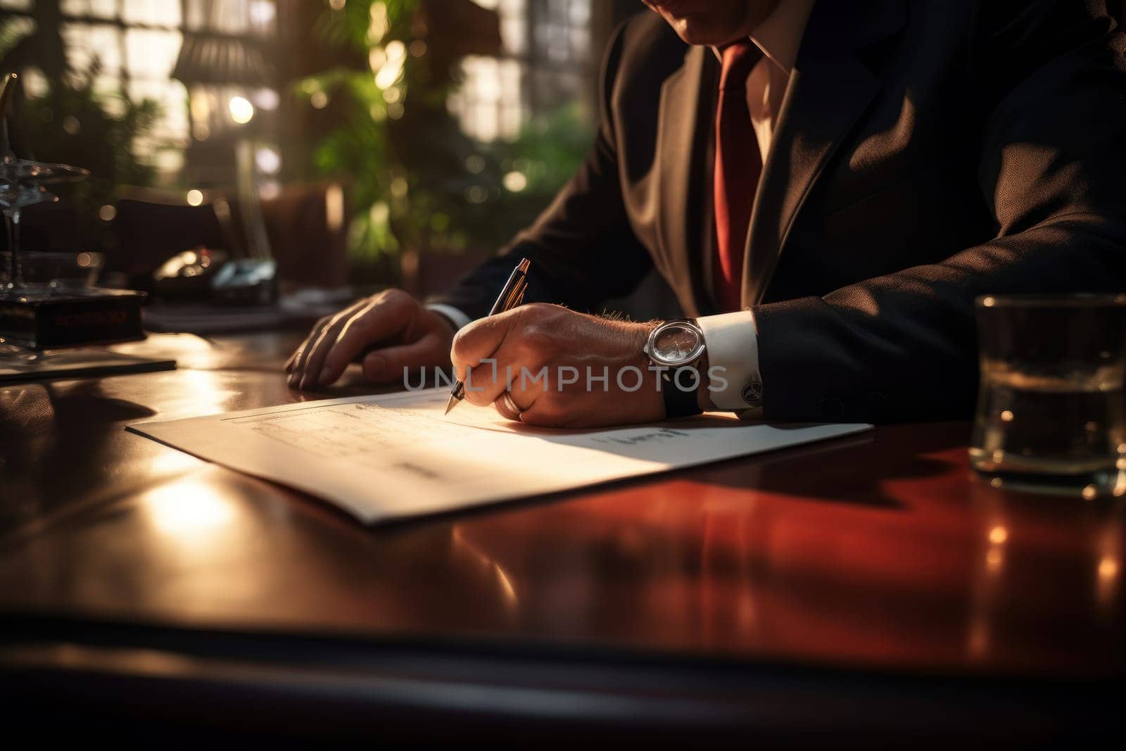 Close up of an office desk with pen and documents working hands in business suits Generative AI.