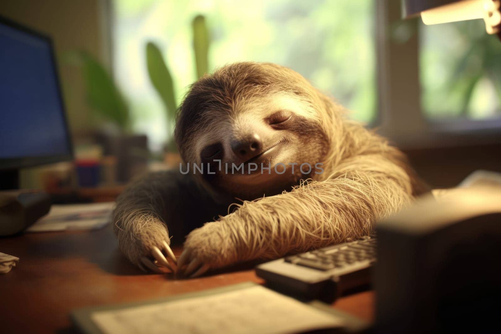 Photo sloth being lazy in the office Generative AI.