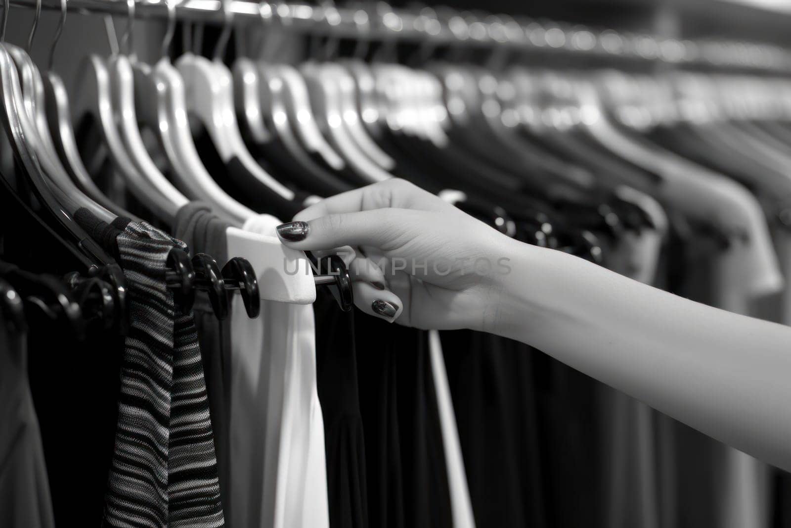 Close up of Female Hands Plucked Hanger Choosing Clothes in a Clothing Store Generative AI.