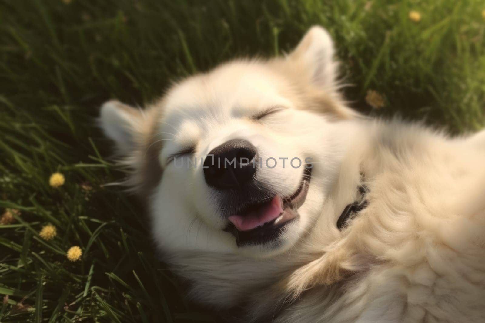 Cute Siberain Husky sleeping in grass upward facing the camera Generative AI.