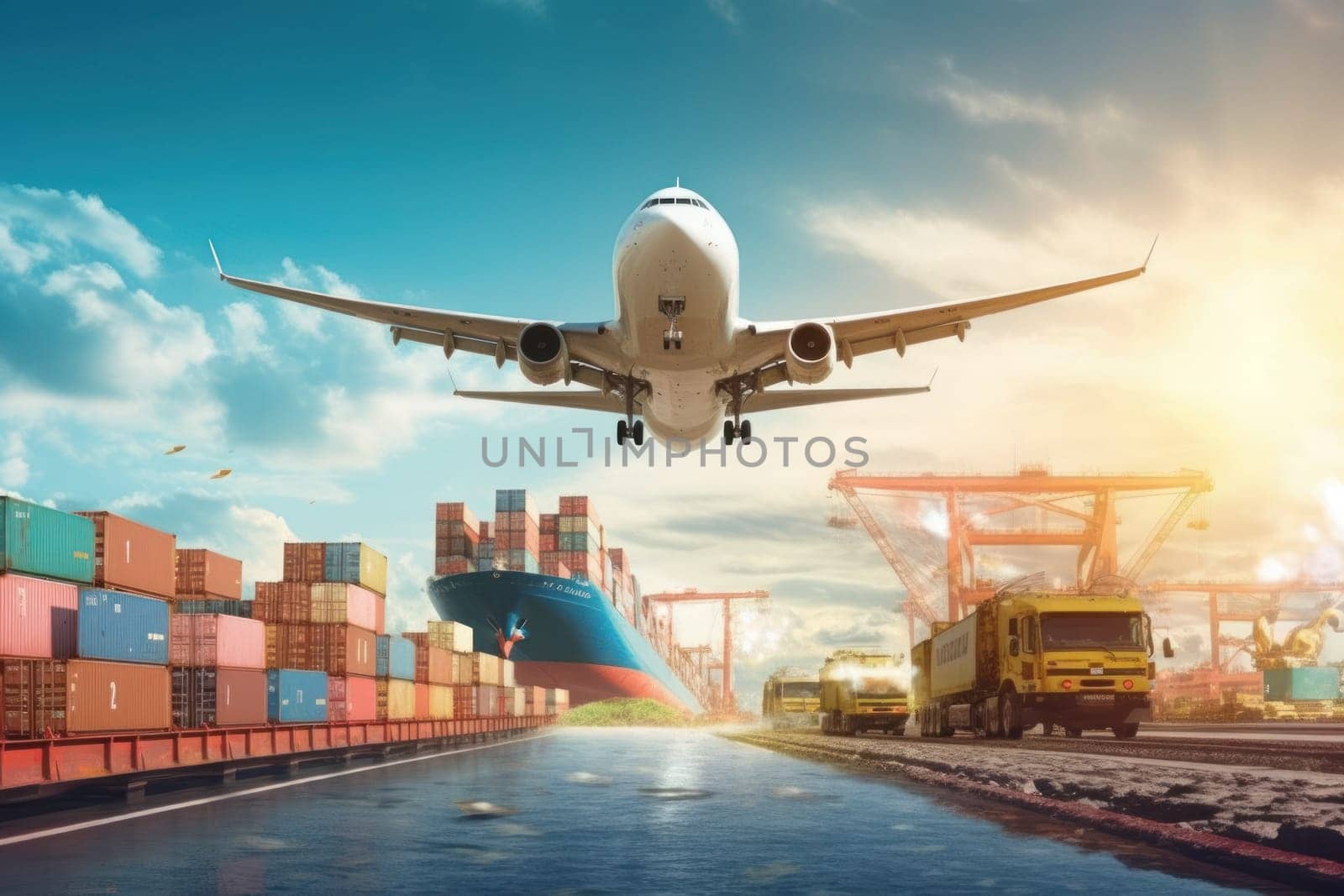 Global business logistics import export concept airplane truck train ship container Generative AI.