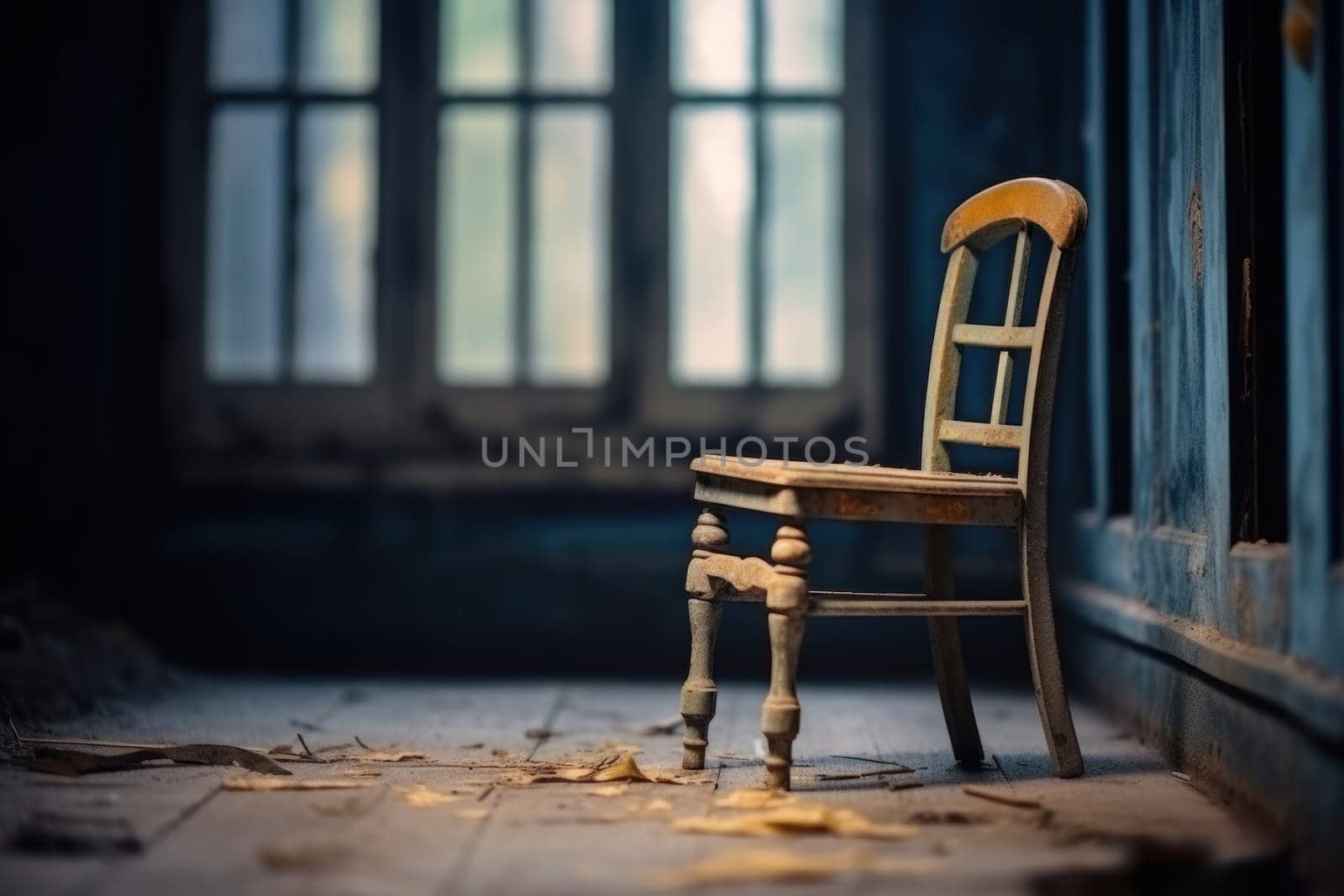 Old vintage stylish wood chair into abandoned room Generative AI.