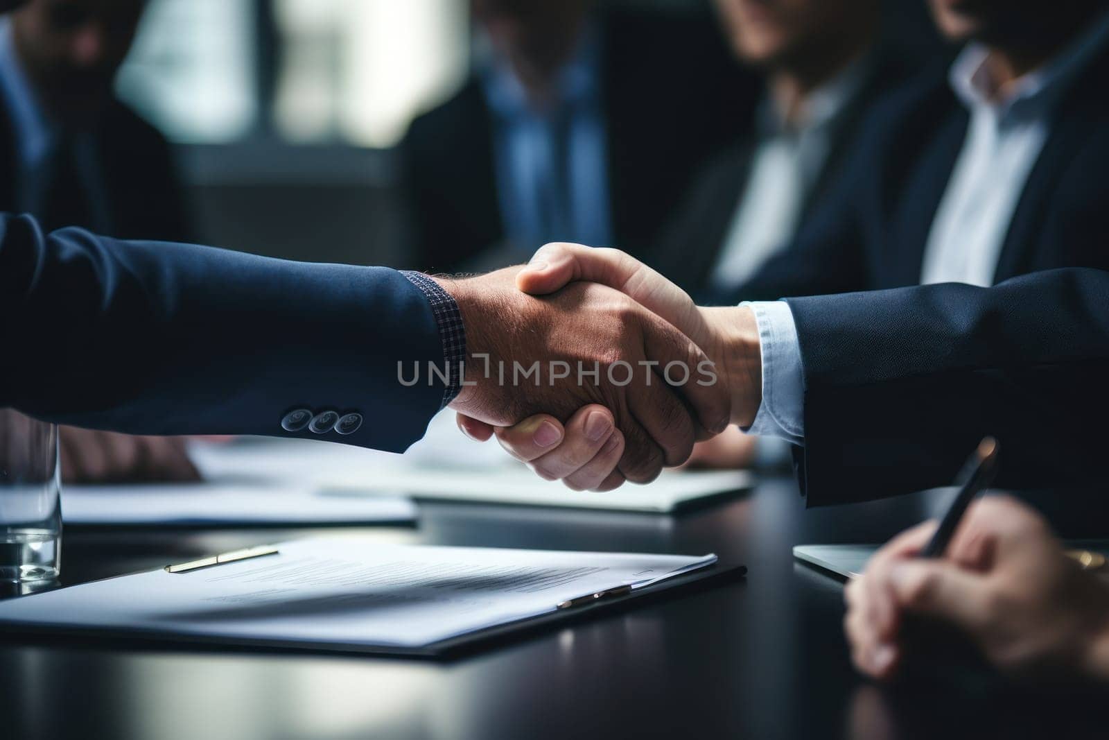 Business handshake and business people partner Generative AI.