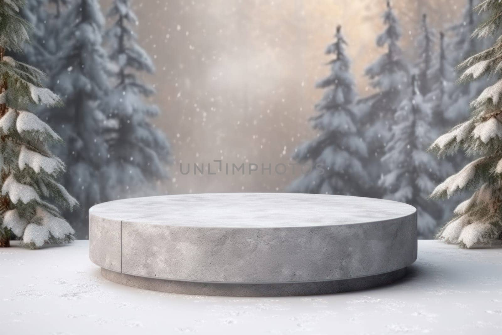 Minimal podium mockup on winter background. Generative AI.