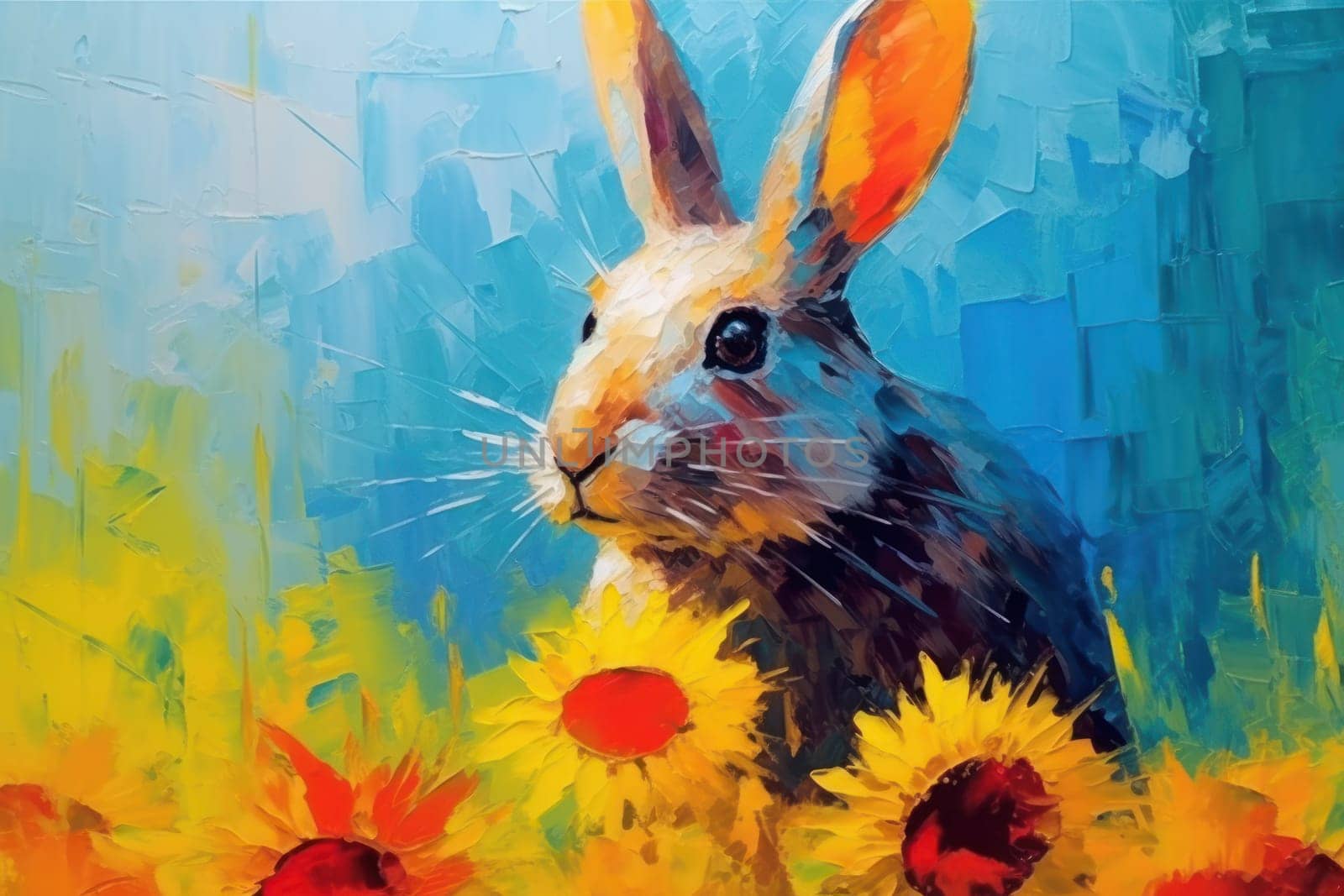 Rabbit made of oil paint modern art with sunflower Generative AI.