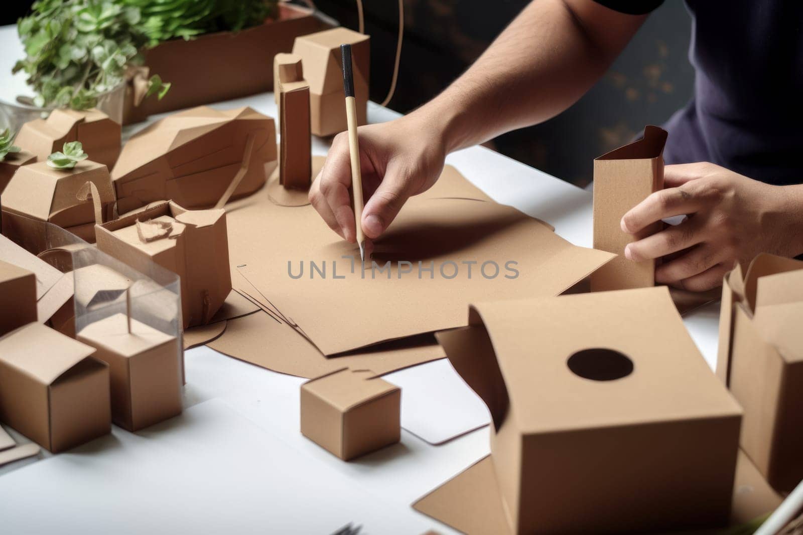Designer sketching drawing design Brown craft cardboard paper packaging mockup box Generative AI.