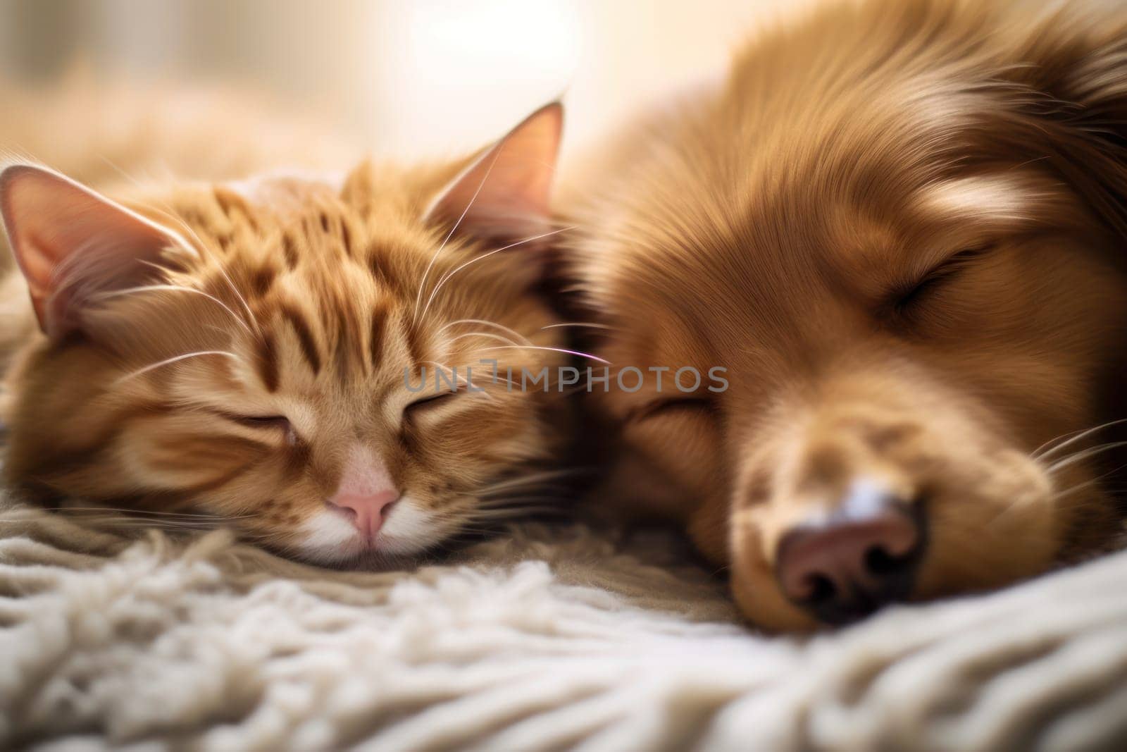 Close up cat and dog together lying Generative AI.