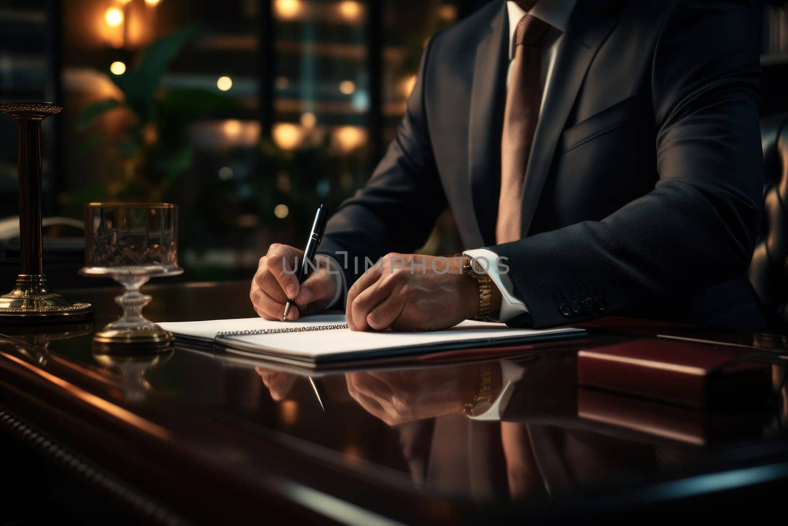 Close up of an office desk with pen and documents working hands in business suits Generative AI by nijieimu