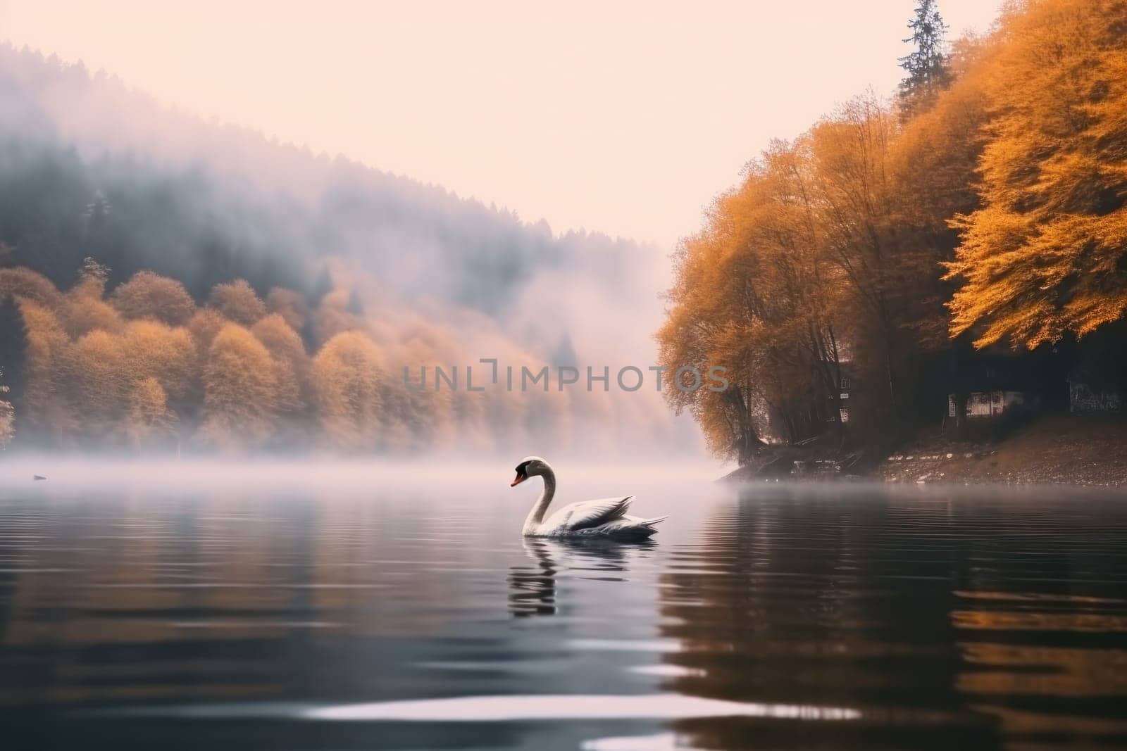 Swans floating on the lake beautiful landscape Generative AI.
