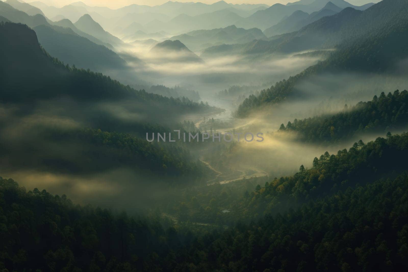 The mountains are covered in a layer of mist and clouds Generative AI.