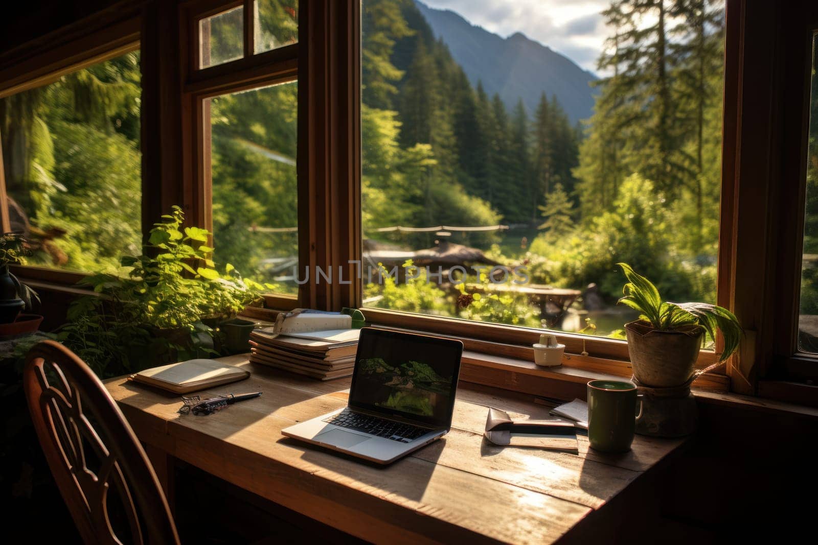 The house is wooden with large windows. View from the windows to the green mountains Generative AI.