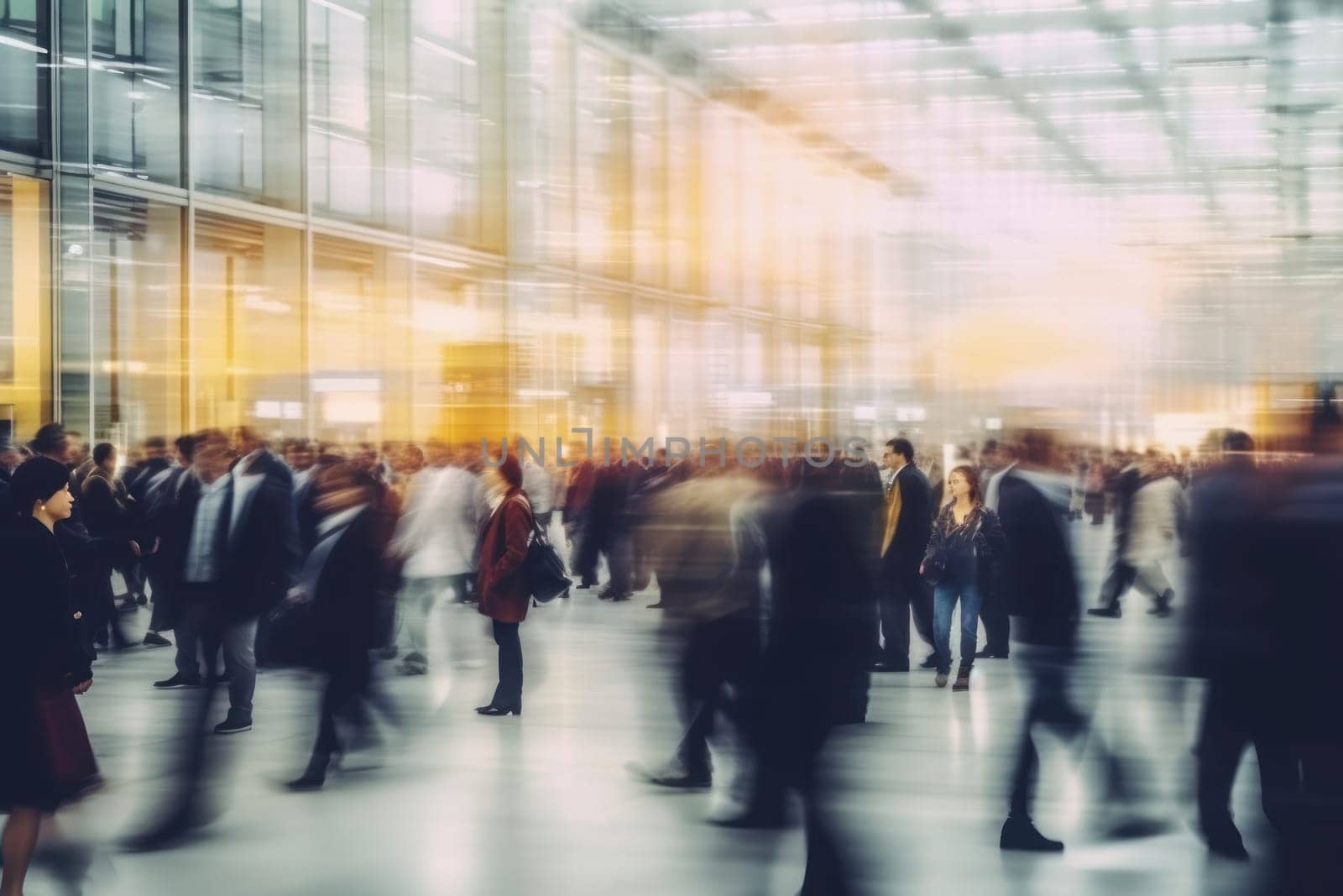 Abstract motion blur image of business people crowd walking Generative AI.