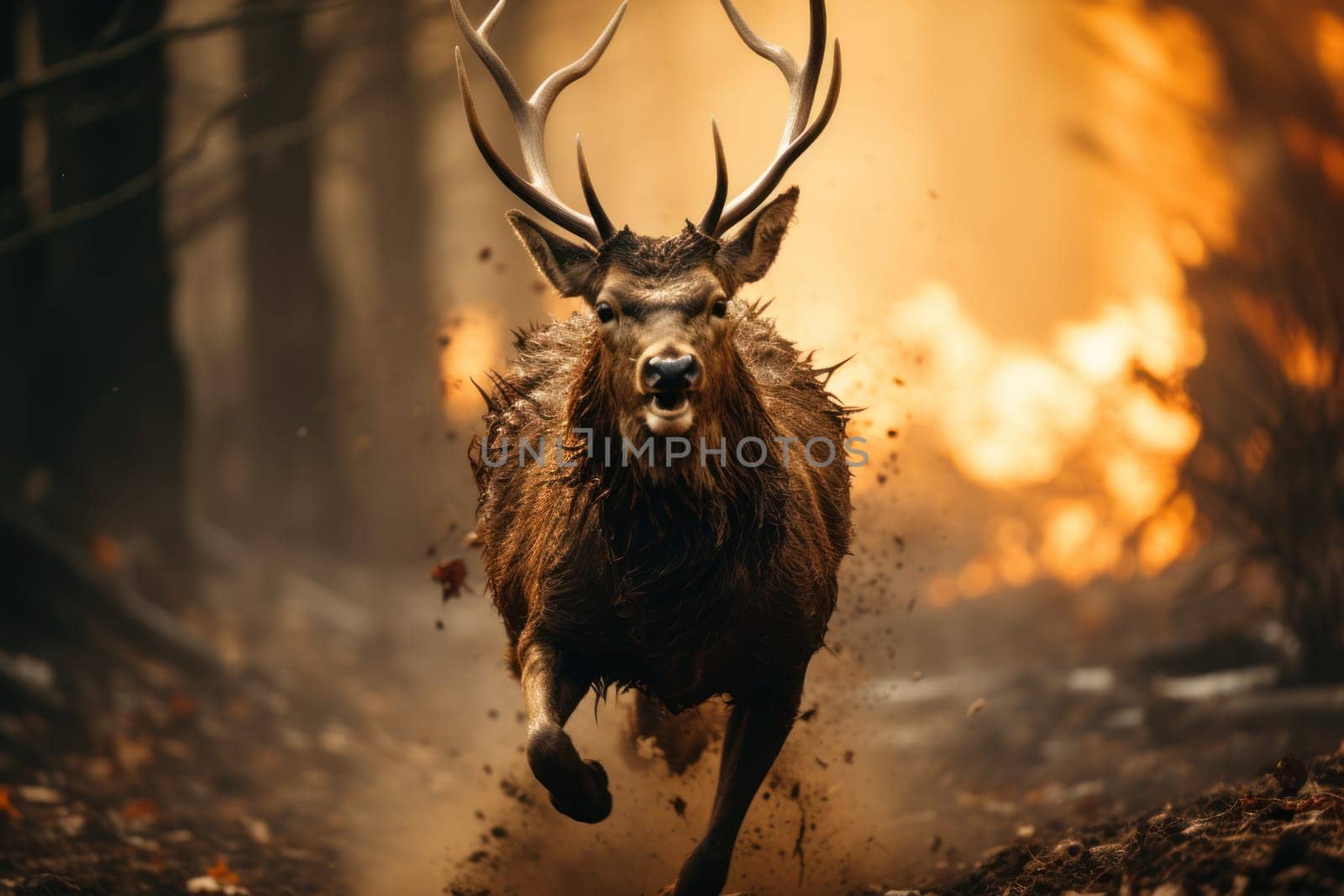 Strong forest fire Scared deer running from burning forest Generative AI.