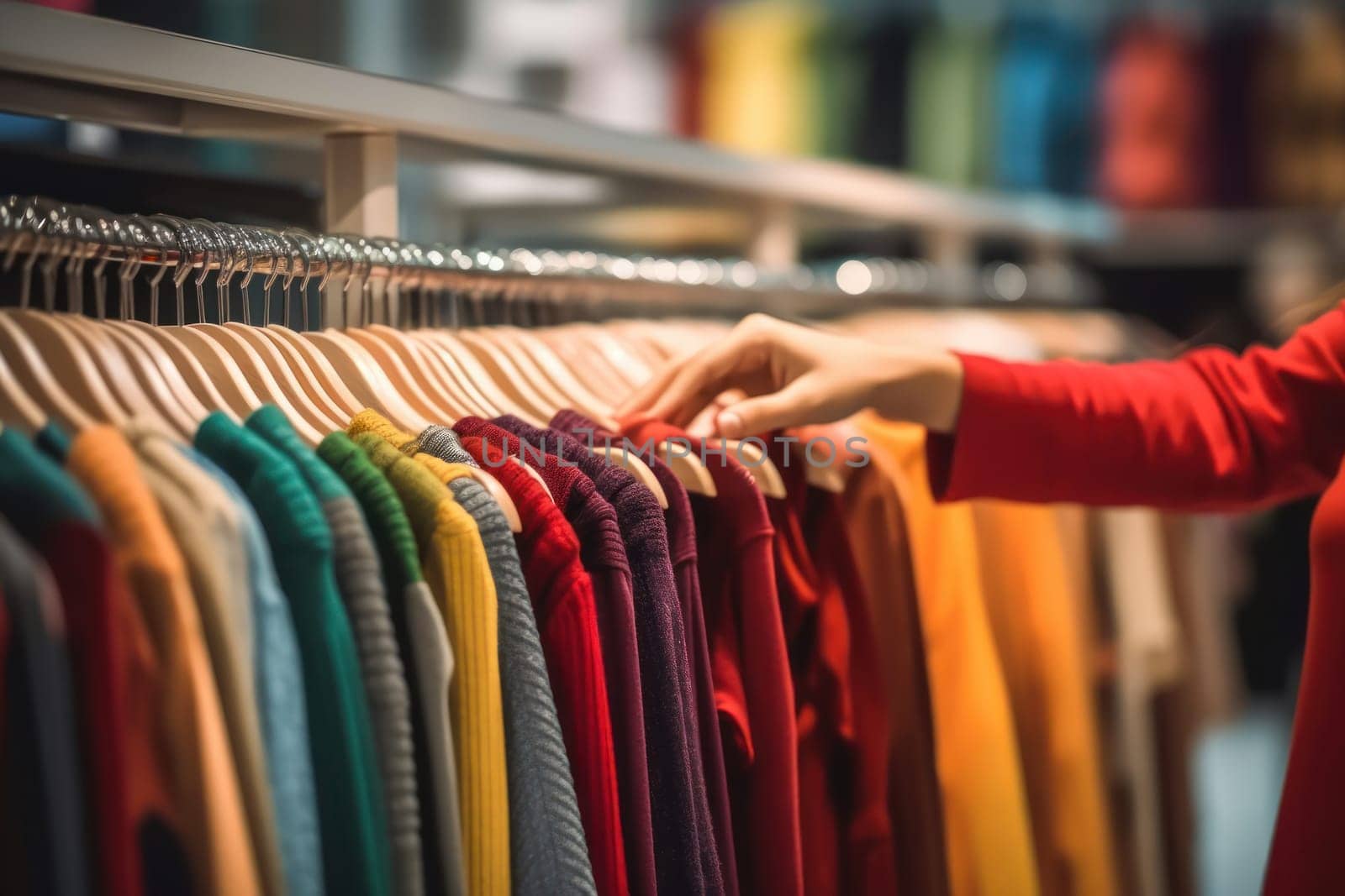 Close up of Female Hands Plucked Hanger Choosing Clothes in a Clothing Store Generative AI.