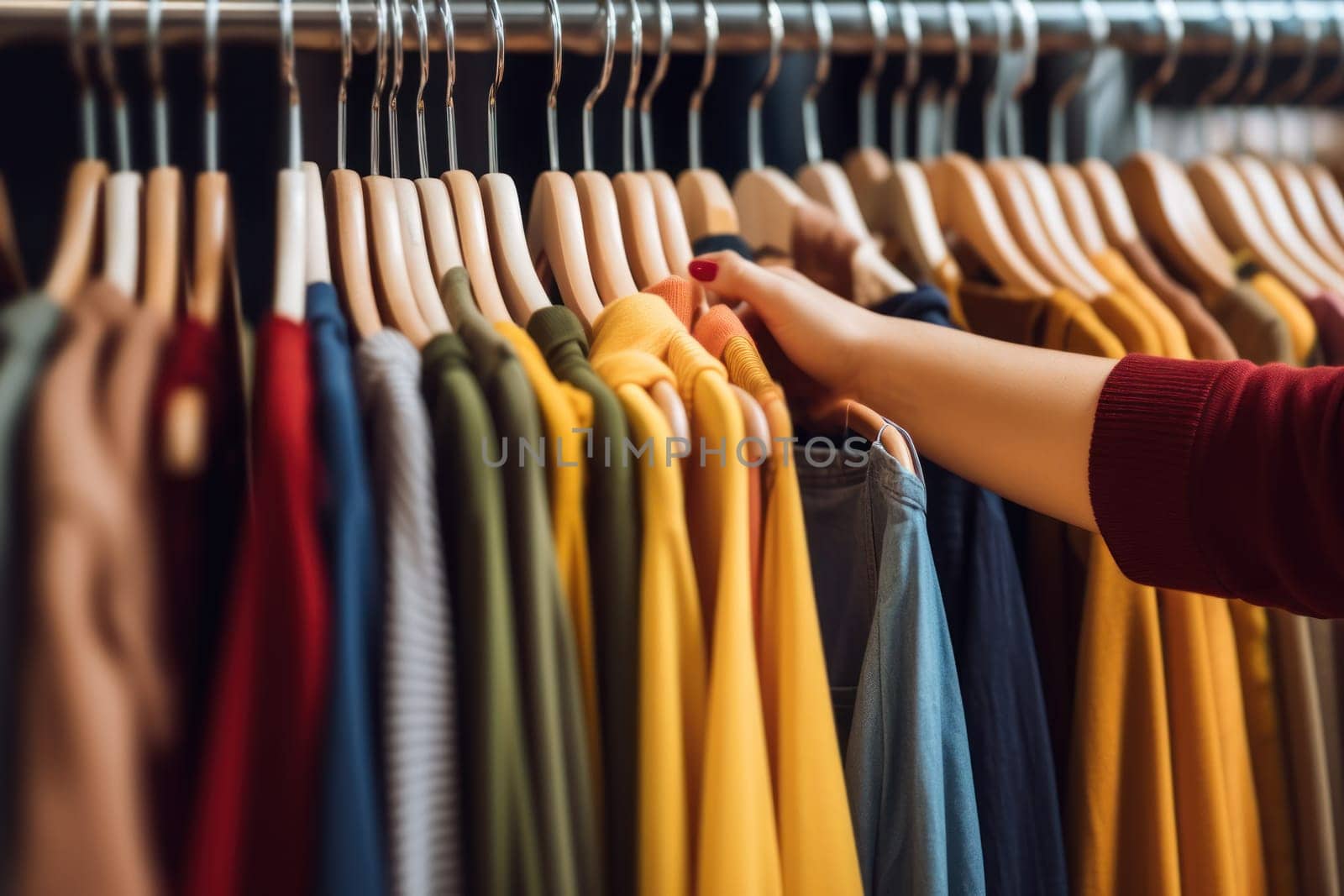 Close up of Female Hands Plucked Hanger Choosing Clothes in a Clothing Store Generative AI.