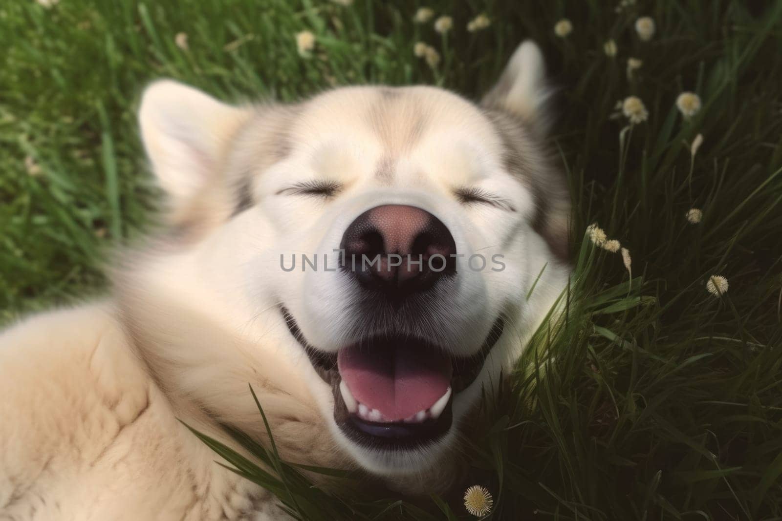Cute Siberain Husky sleeping in grass upward facing the camera Generative AI.