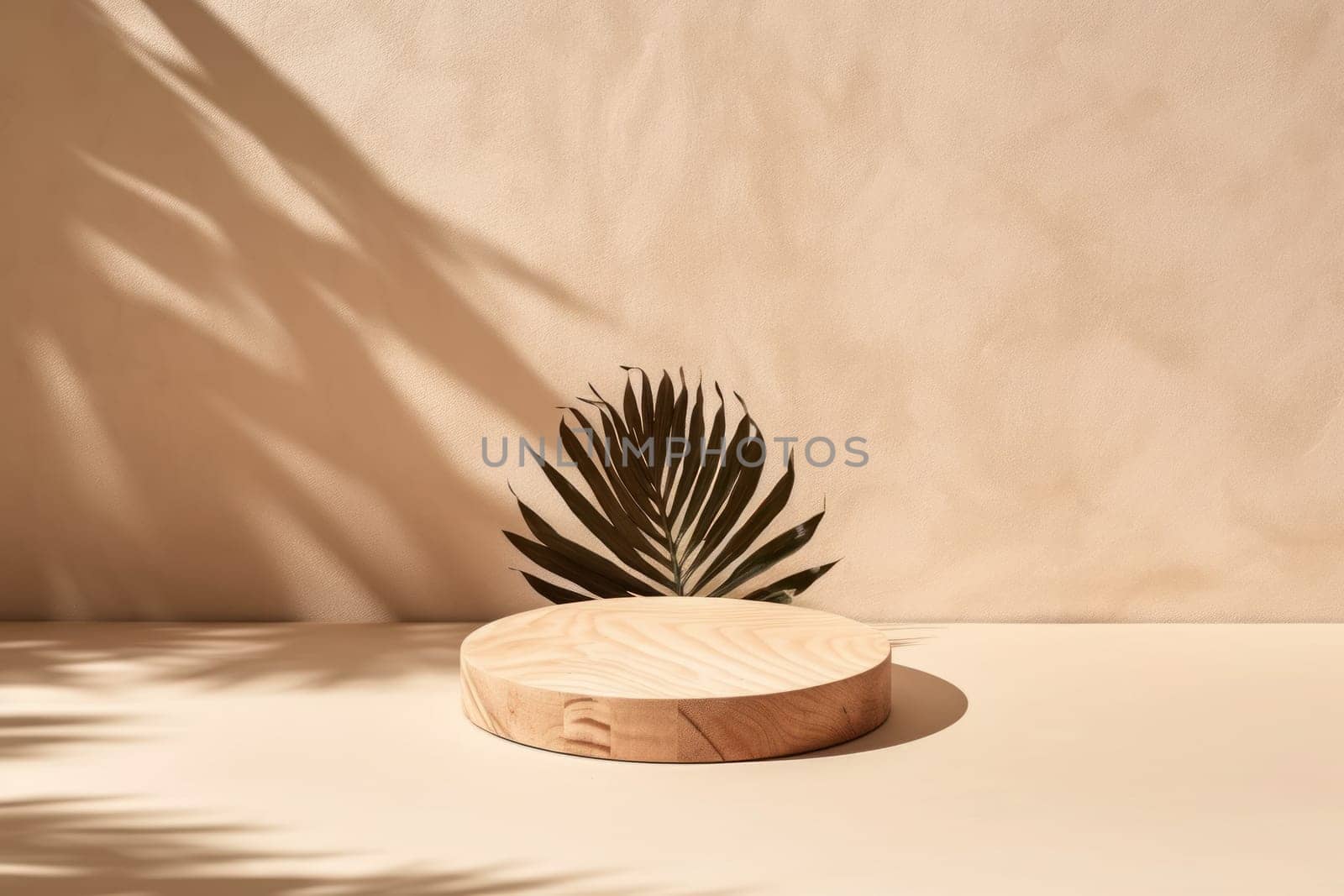 Empty minimal natural wooden podium background for product.