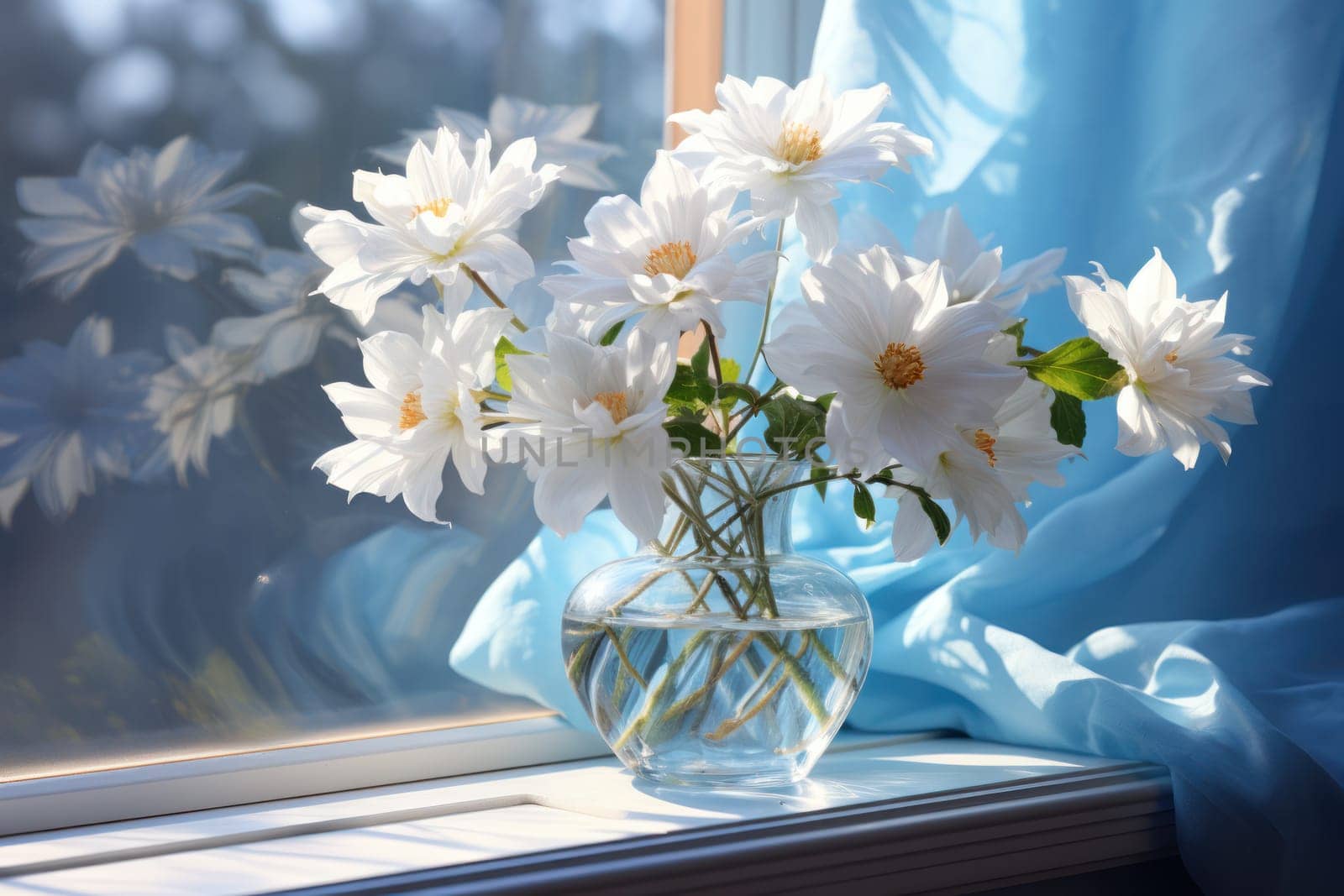 Flowers on a windowsill in the style of light sky and blue and light white Generative AI.